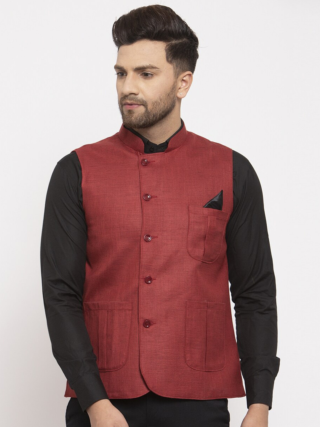 KLOTTHE Men Maroon Solid Cotton Nehru Jacket