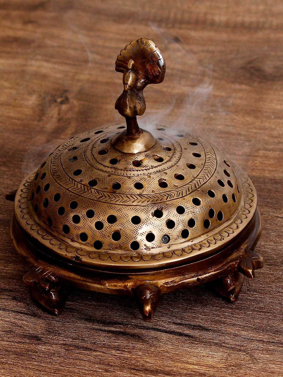 eCraftIndia Dhoop incense Burner with Peocock Gold Brass Metallic Prayer Room Set of 2 Small Showpieces - 4.3 Inches