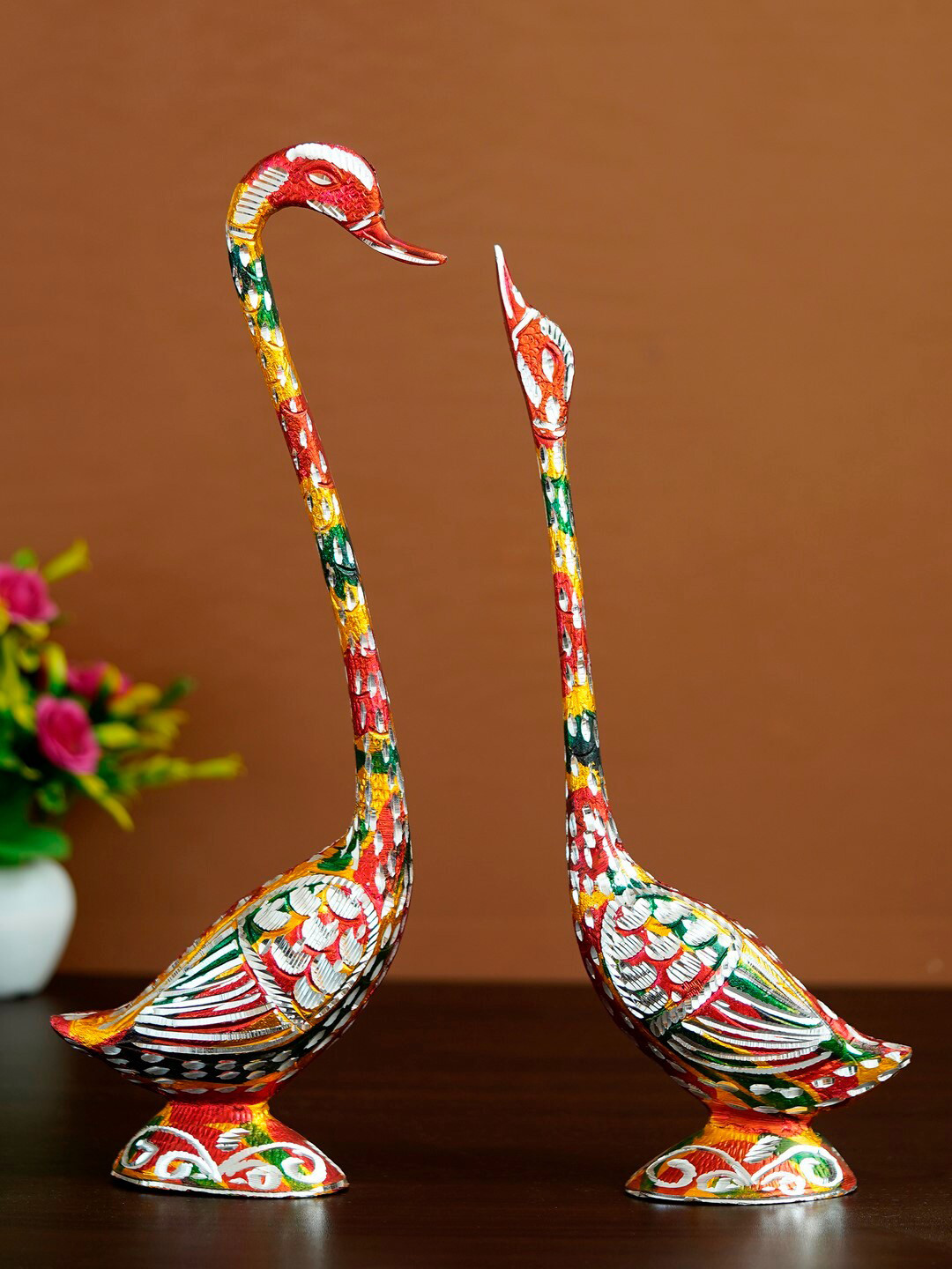 eCraftIndia Colorful Kissing Swan Couple Multicoloured Ceramic Glossy Living Room Hand-Crafted Set of 2 Medium Showpieces - 15 Inches