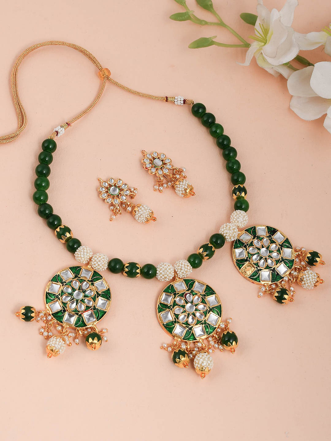 Silvermerc Designs Gold-Toned & Green Meenakari Pearl Beads Rajasthani Jewellery Set