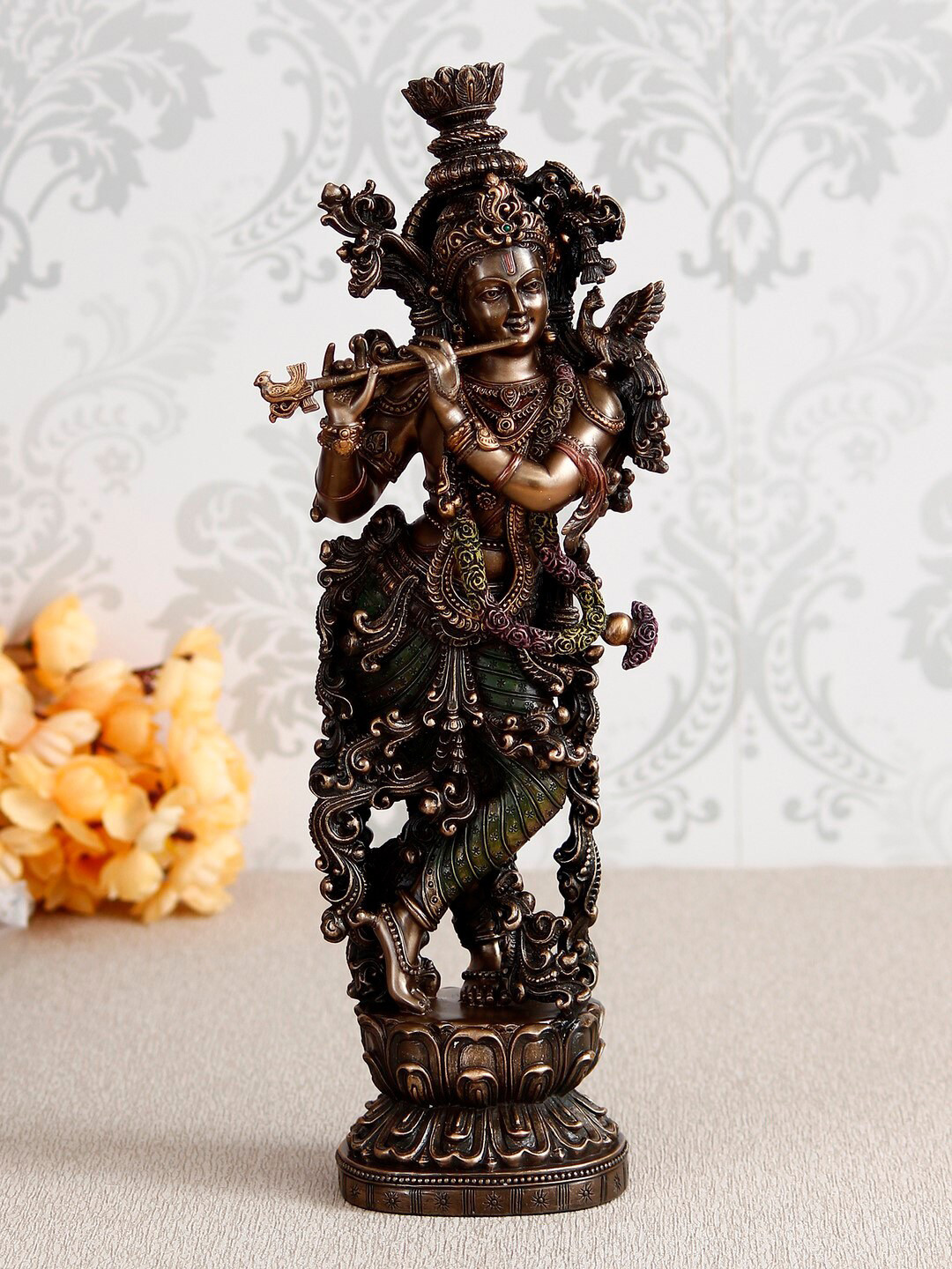 eCraftIndia Brown Carved Dancing Lord Krishna Playing Flute Figurine Showpiece