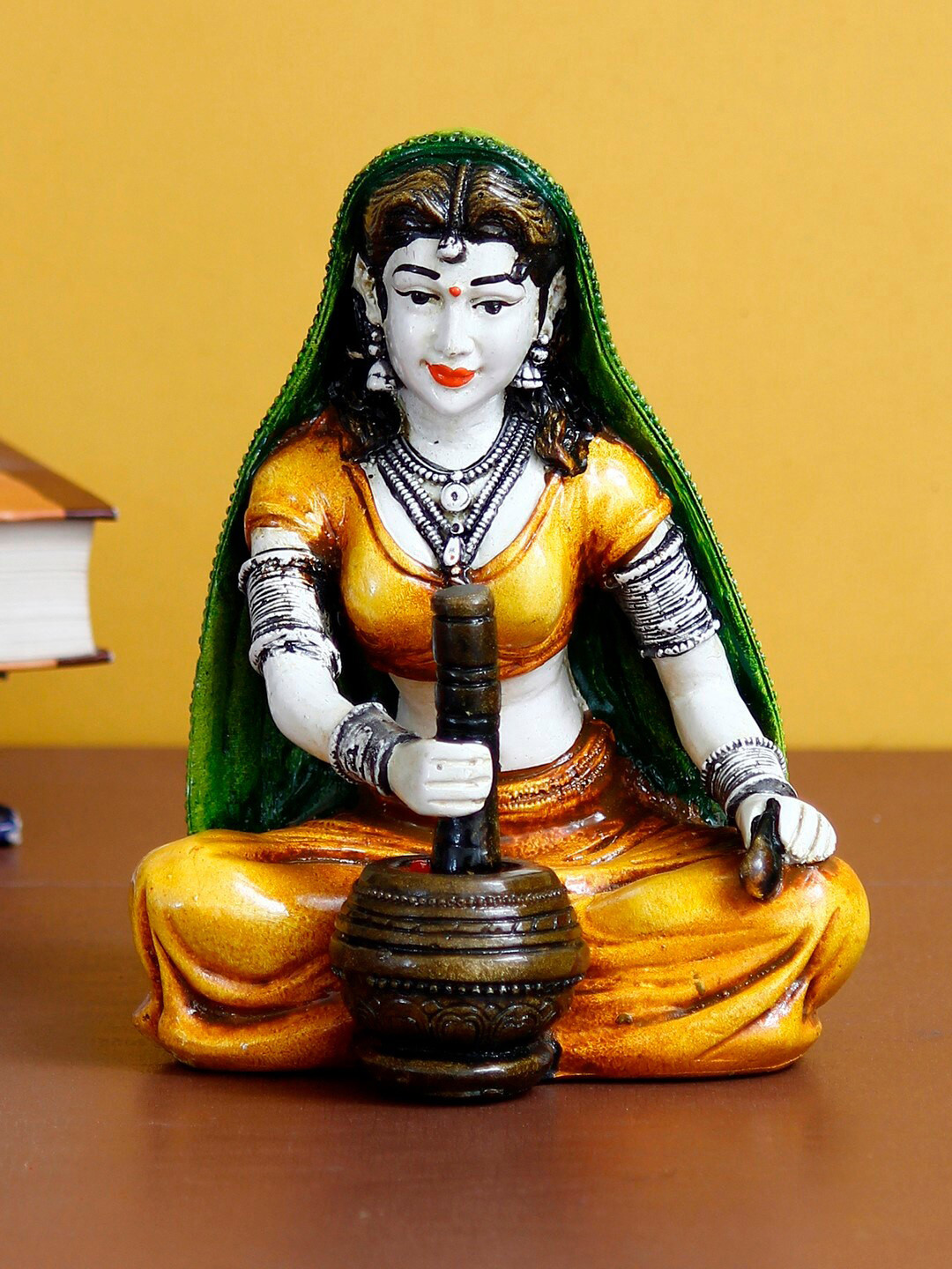 eCraftIndia Rajasthani Lady Grinding Chilli Yellow Polyresin Glossy Living Room Hand-Crafted Small Showpiece - 7.1 Inches