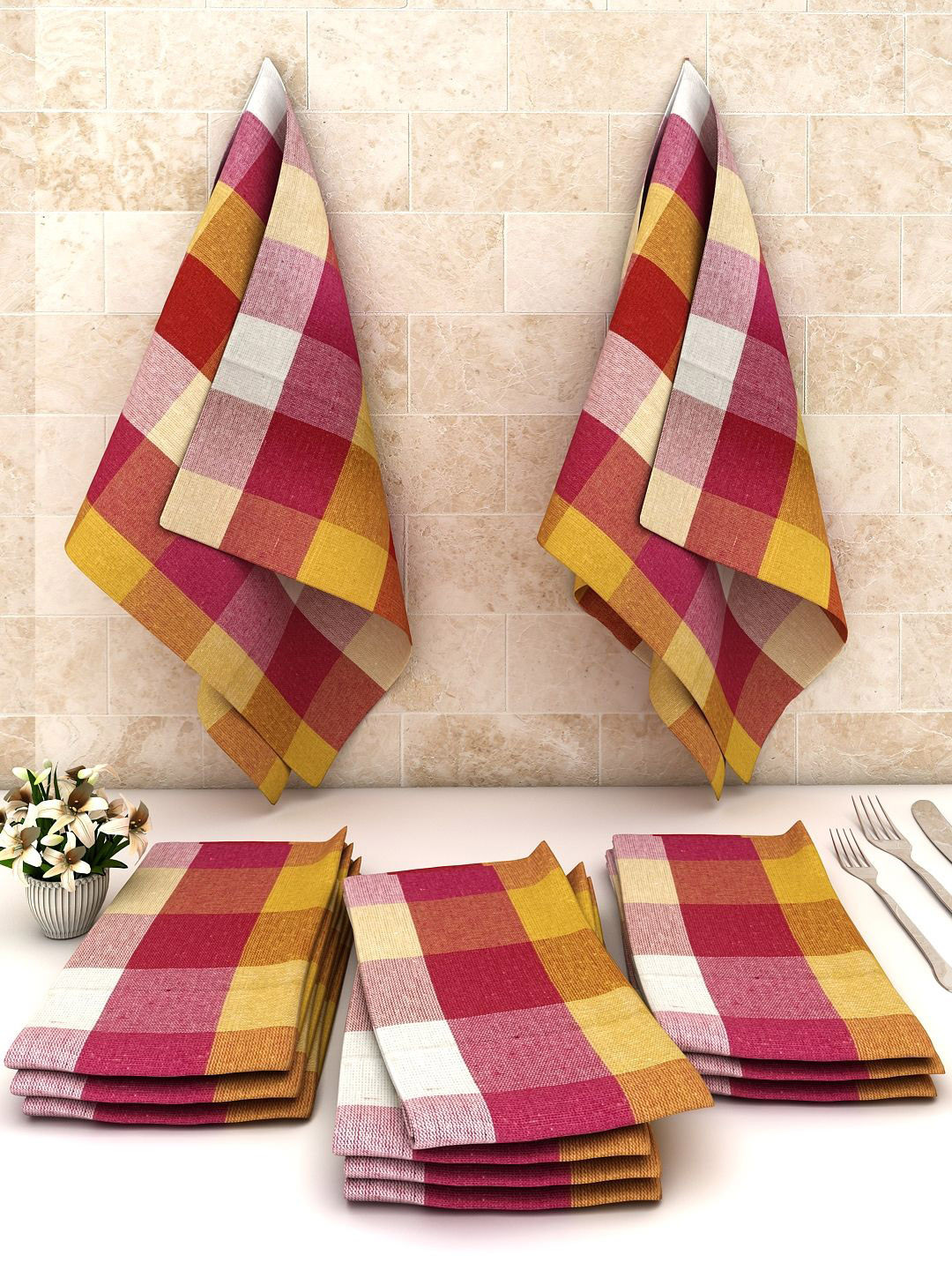 Athom Trendz Pack Of 12 Red & Yellow Checked Cotton Cleaning Cloth