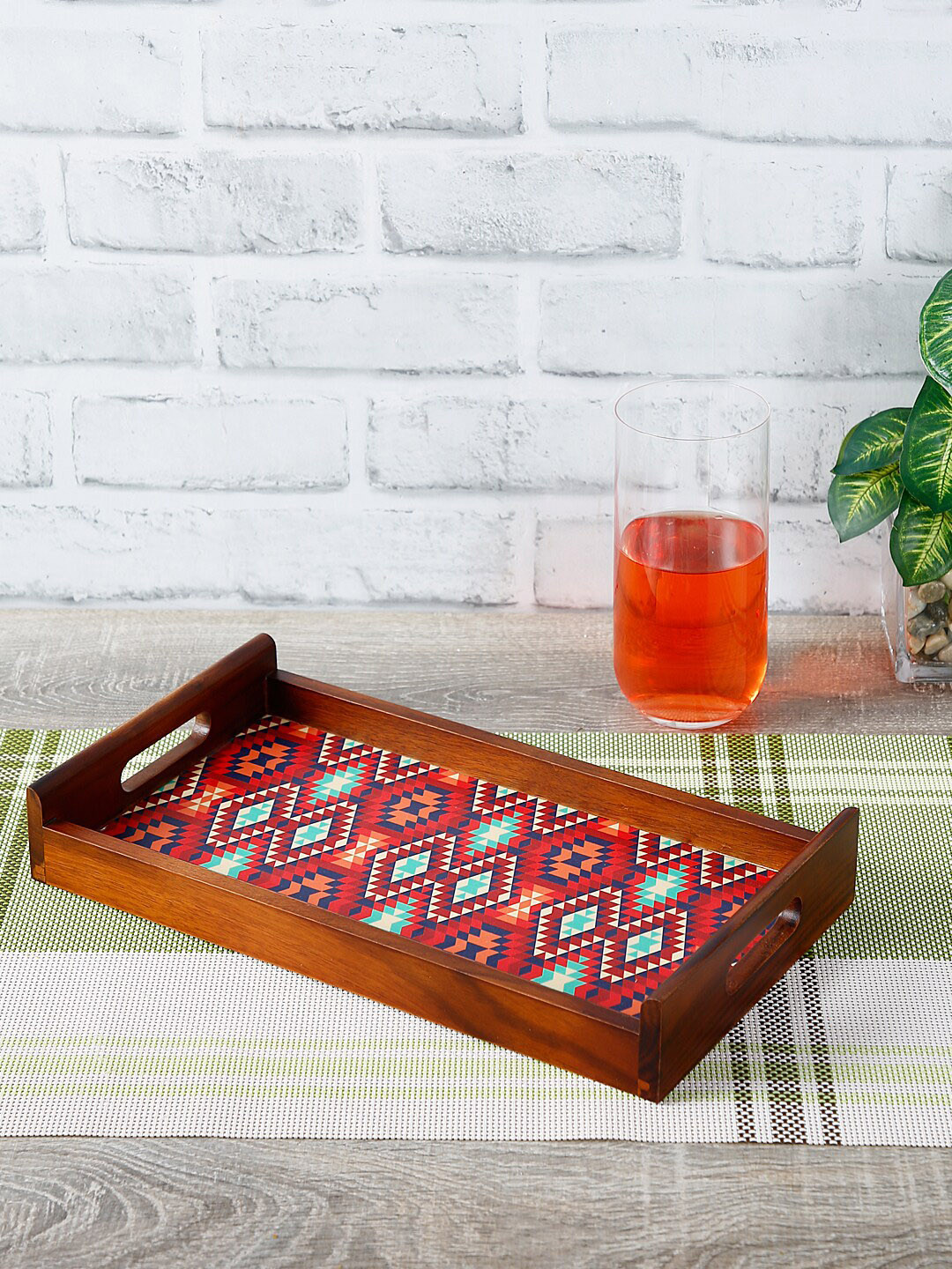 Reinvention Factory Brown & Red Ikkat Digital Printed Thai Teak Wood Serving Tray