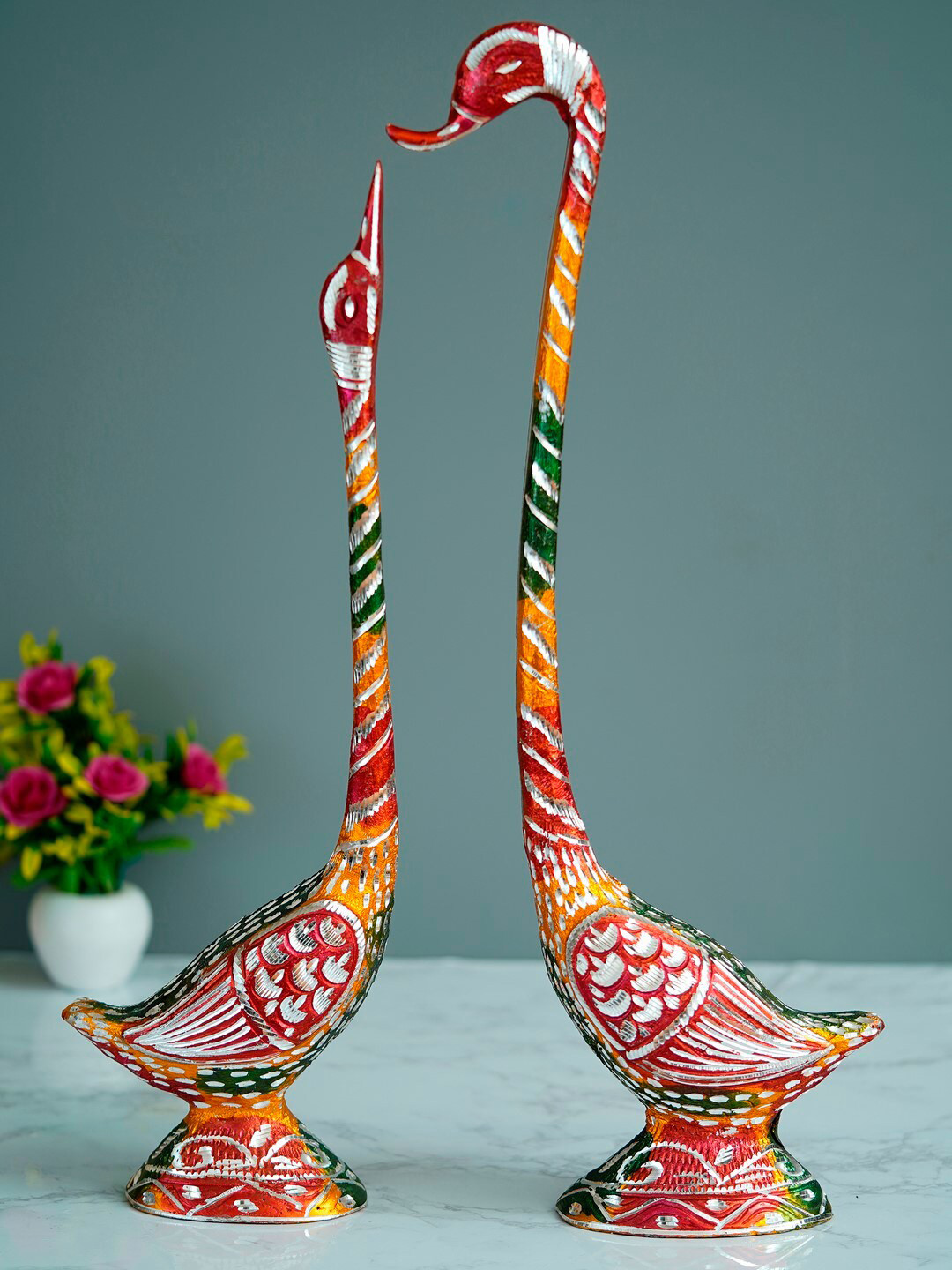 eCraftIndia Kissing Swan Couple Pink Metal Metallic Living Room Hand-Crafted Set of 2 Small Showpieces - 22 Inches