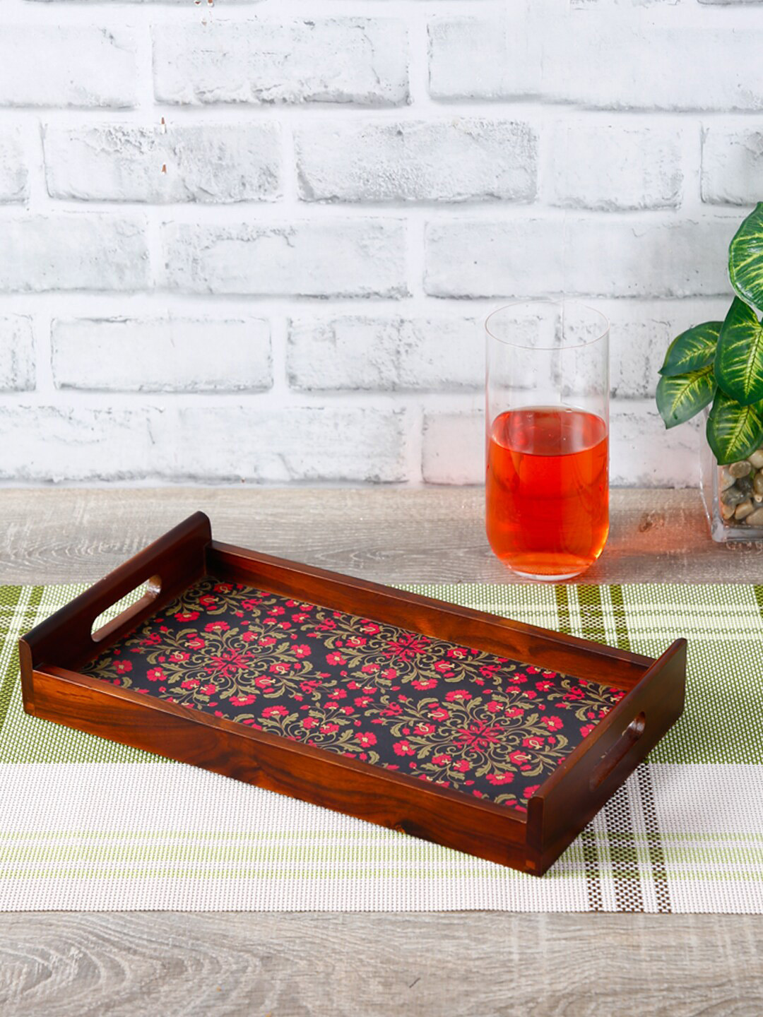 Reinvention Factory Brown & Pink Floral Ornament Digital Printed Multipurpose Serving Tray