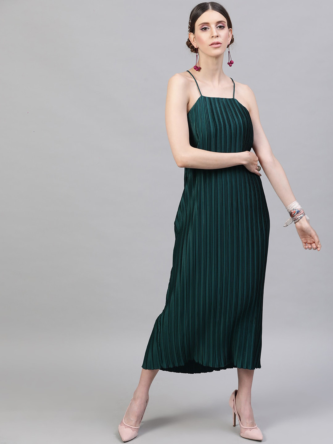 STREET 9 Women Green Solid Satin Accordion Pleated A-Line Dress