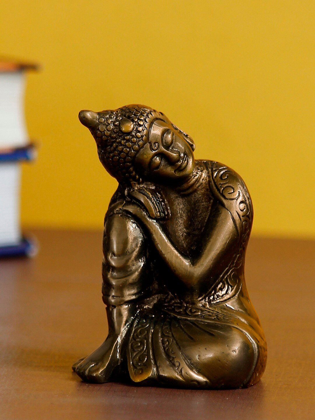 eCraftIndia Resting Buddha on Knee Brown Metal Metallic Home Office Medium Showpiece - 3.5 Inches