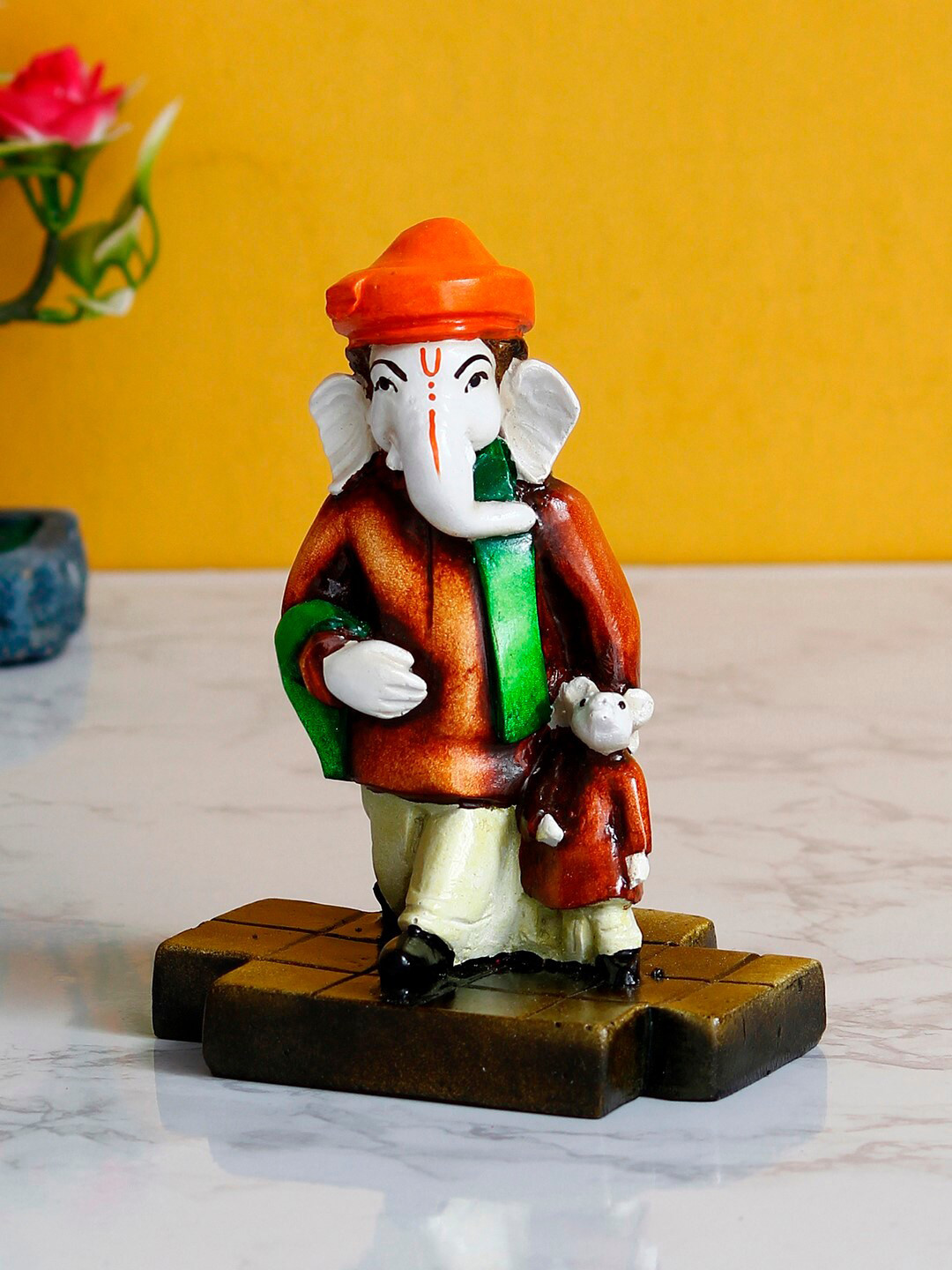 eCraftIndia Neta Lord Ganesha with Mushak Orange Polyresin Natural Prayer Room Hand-Crafted Small Showpiece - 5.5 Inches