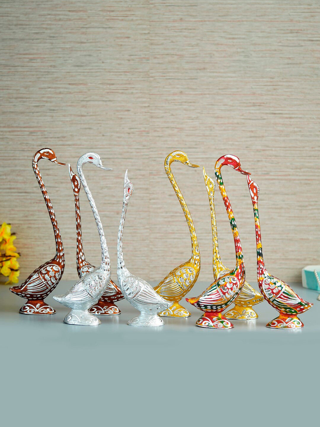 eCraftIndia Kissing Swan Couple Yellow Metal Metallic Living Room Hand-Crafted Set of 4 Medium Showpieces - 15 Inches