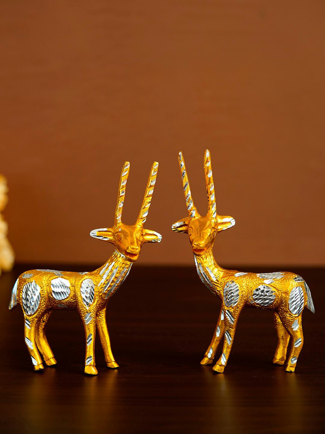 eCraftIndia Engraved Deer Gold Metal Metallic Living Room Hand-Crafted Set of 2 Small Showpieces - 7.5 Inches