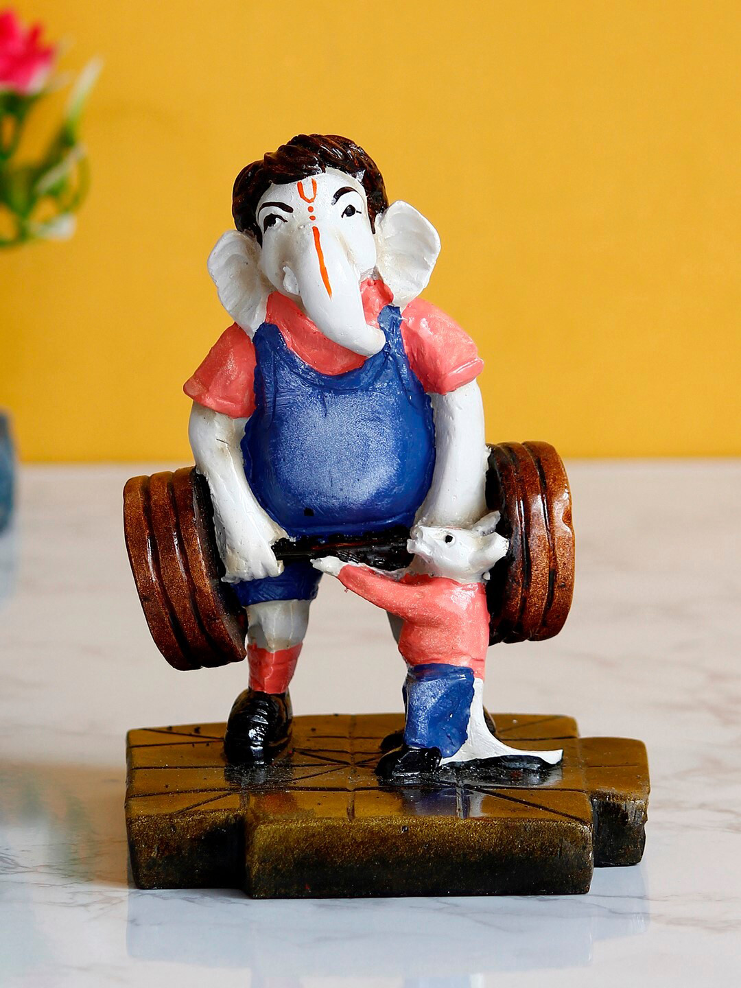 Artisyn Lord Ganesha Doing Weightlifting with Mushak Blue Polyresin Glossy Home Office Hand-Crafted Small Showpiece - 5.5 Inches