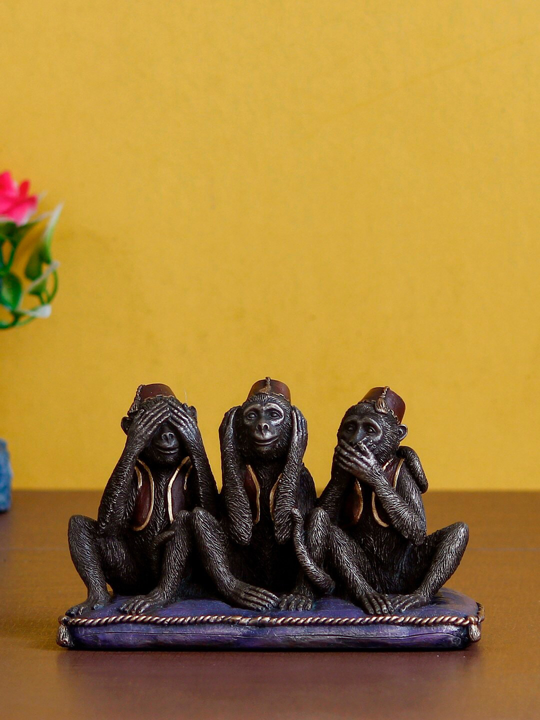 eCraftIndia Wise Monkeys Brown Polyresin Matte Home Office Set of 3 Small Showpieces - 3.3 Inches
