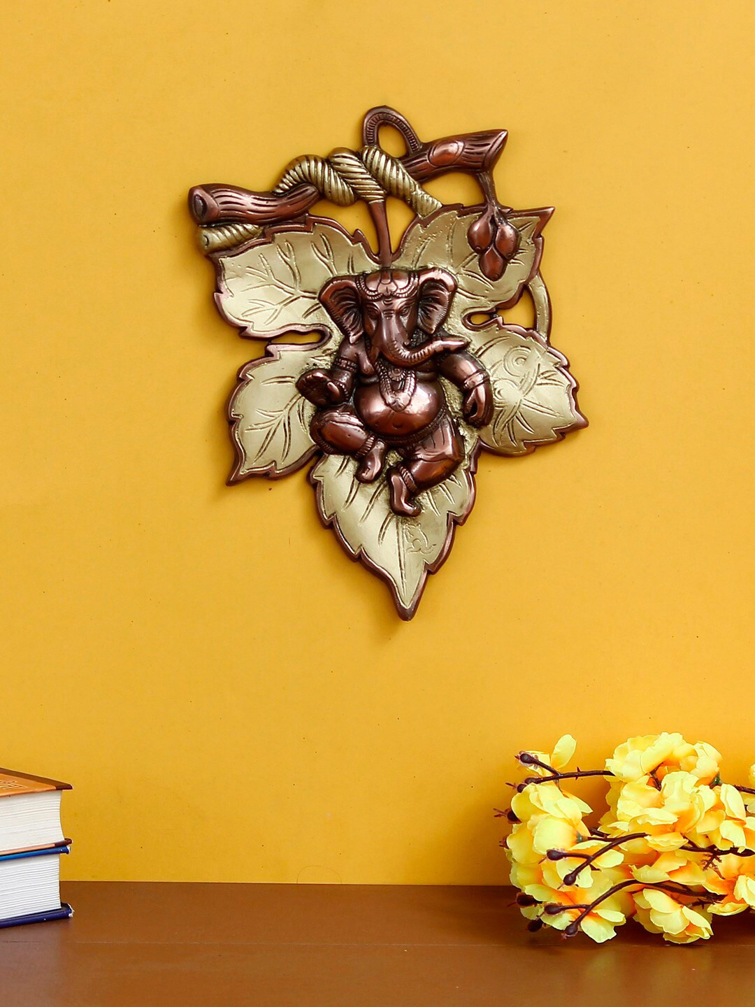 eCraftIndia Lord Ganesha on Creative Leaf Gold Metal Metallic Prayer Room Hand-Crafted Small Showpiece - 11.4 Inches