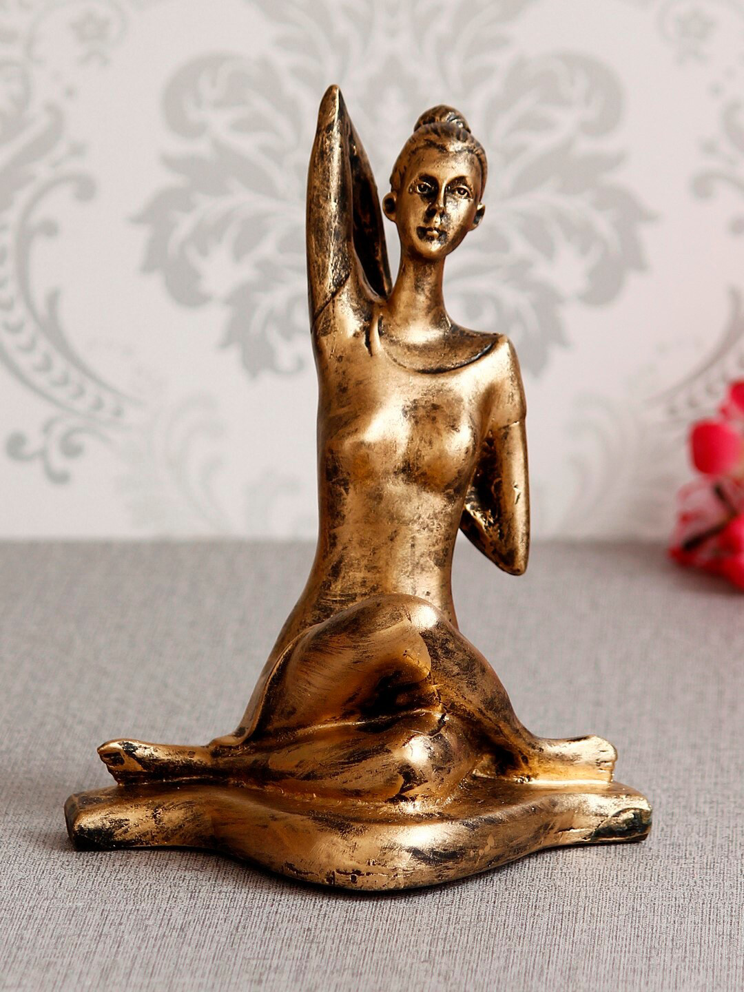 eCraftIndia Lady in Yoga Position Gold Polyresin Glossy Living Room Hand-Crafted Small Showpiece - 8.3 Inches