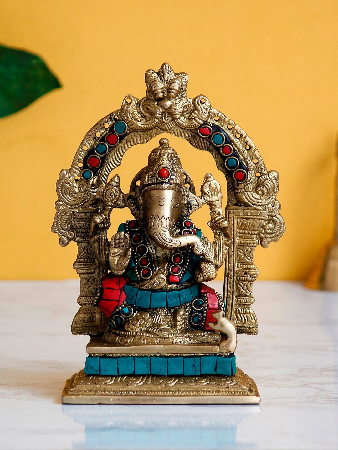 eCraftIndia Gold-Toned & Blue Lord Ganesha Idol With Stone Work Showpiece