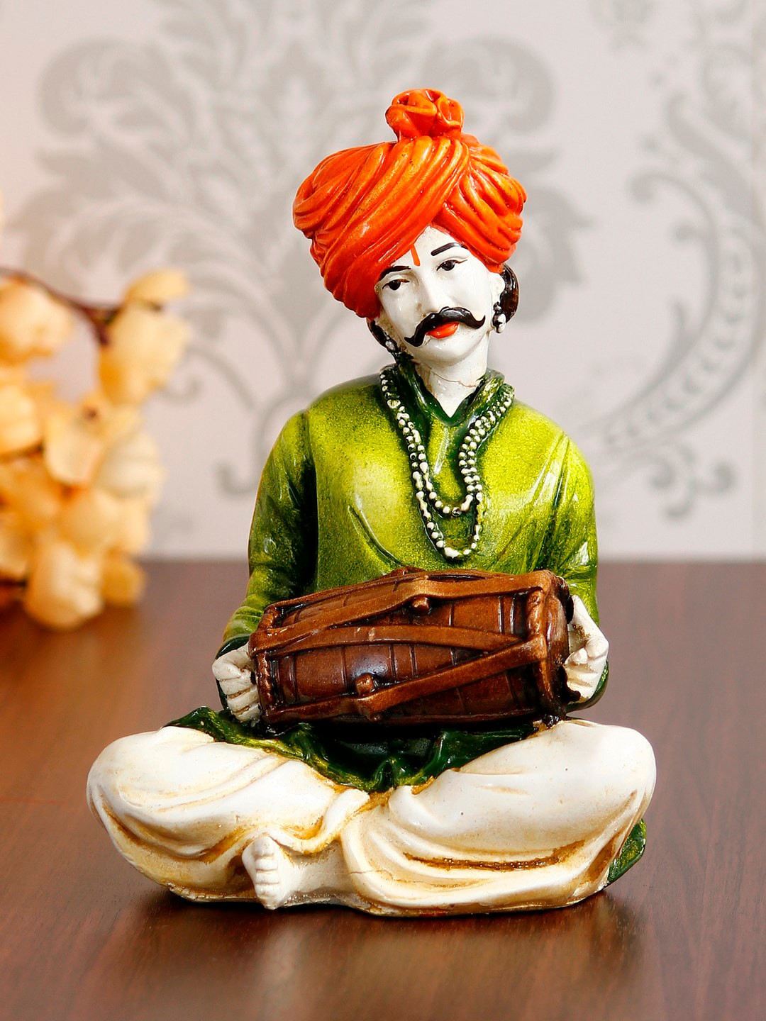 eCraftIndia Rajasthani Men Musician Playing Dholak Green Polyresin Natural Living Room Hand-Crafted Small Showpiece - 7.5 Inches