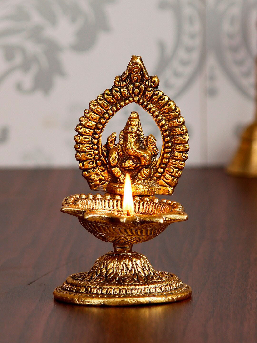 eCraftIndia Lord Ganesha with Diya Gold Metal Metallic Prayer Room Hand-Crafted Small Showpiece - 4.7 Inches
