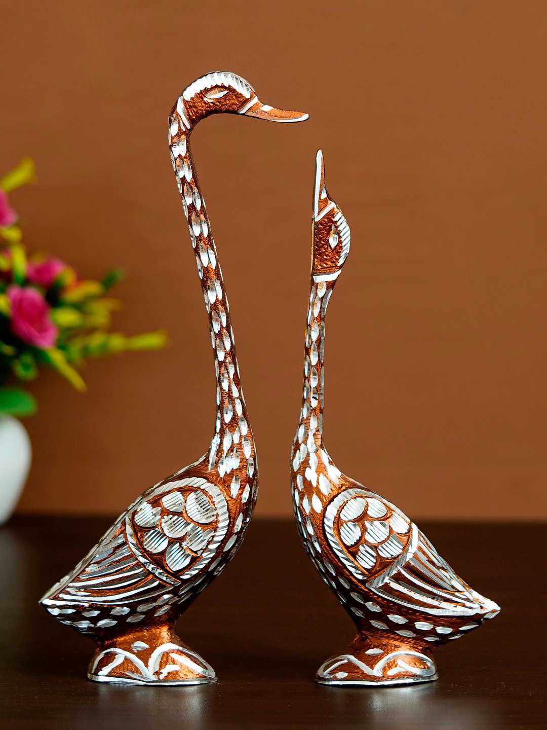 eCraftIndia Kissing Swan Couple Brown Polyresin Glossy Living Room Hand-Crafted Set of 2 Medium Showpieces - 10.6 Inches