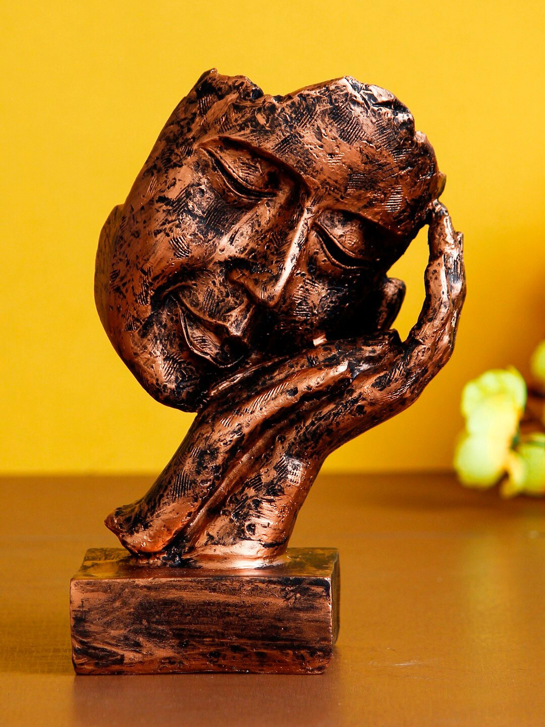 eCraftIndia Look Human Face Resting on Hands Copper Polyresin Glossy Living Room Hand-Crafted Small Showpiece - 5.5 Inches