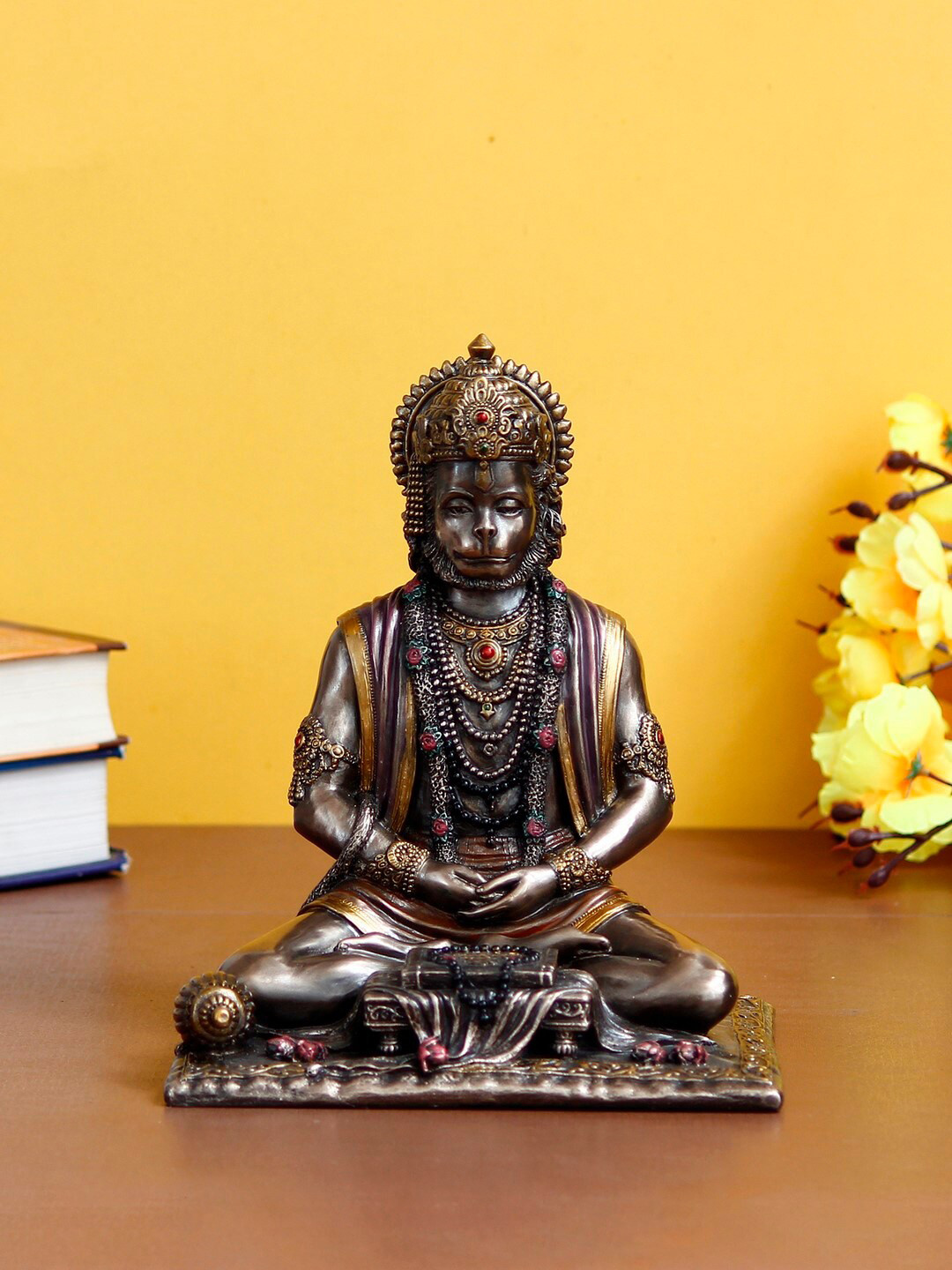 eCraftIndia Meditating Lord Hanuman Brown Polyresin Glossy Prayer Room Small Showpiece - 13.4 Inches