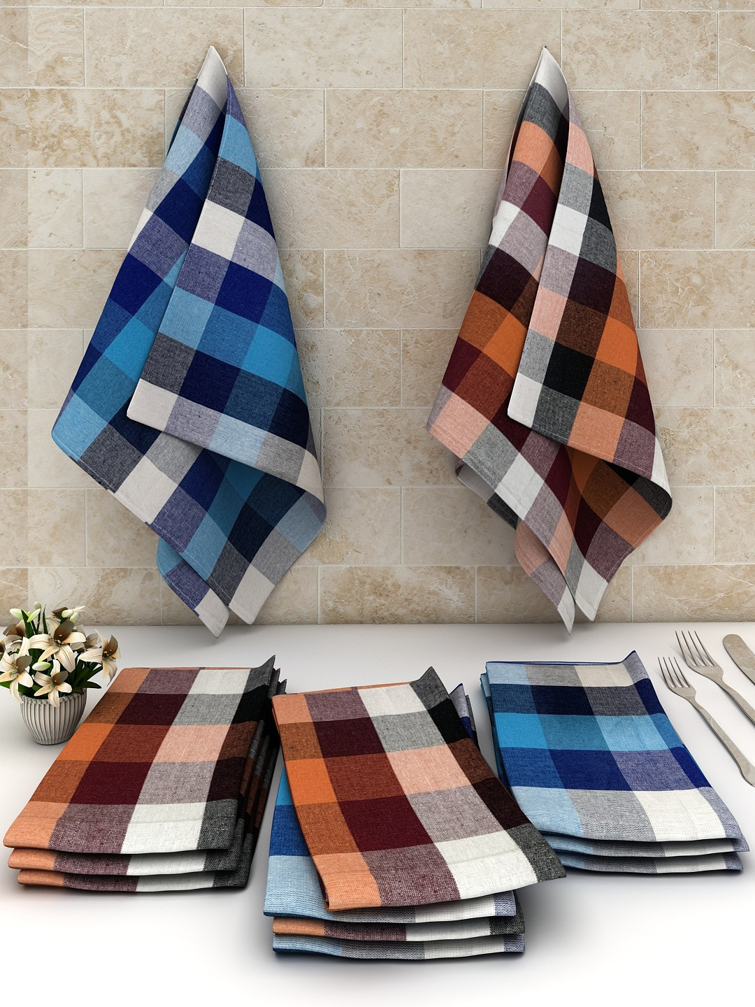 Athom Trendz Pack Of 12 Blue & White Checked Cotton Cleaning Cloth
