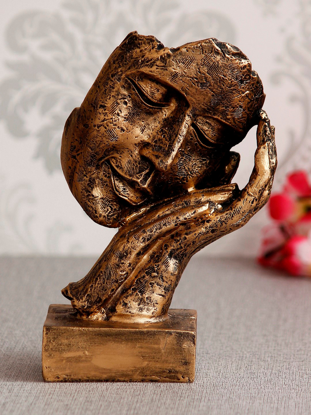 eCraftIndia Human Face Resting on Hands Gold Polyresin Glossy Living Room Hand-Crafted Large Showpiece - 8.3 Inches