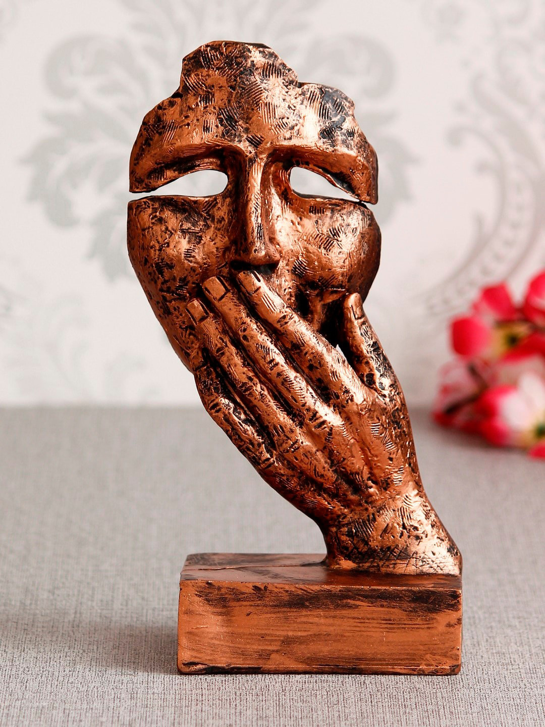 eCraftIndia Human Face with Hands On Mouth Copper Polyresin Natural Living Room Hand-Crafted Medium Showpiece - 9.1 Inches