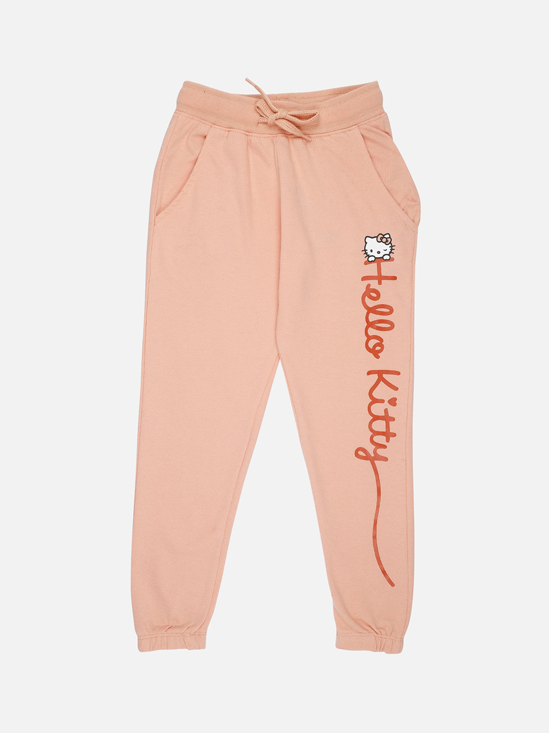 Kids Ville Girls Peach-Colored Hello Kitty Printed Straight-Fit Joggers
