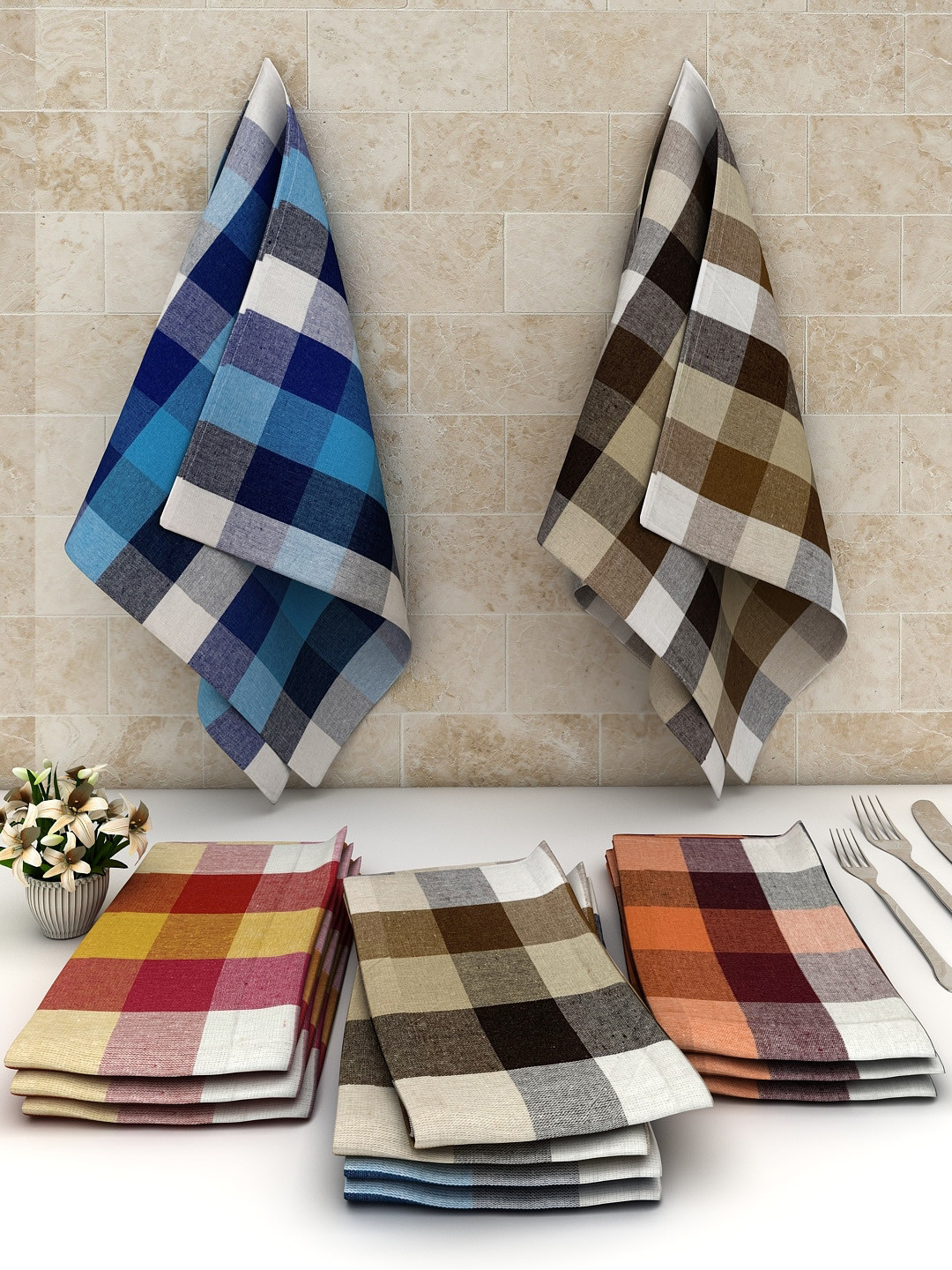 Athom Trendz Pack Of 12 Multi-colored Checked Cotton Cleaning Cloth