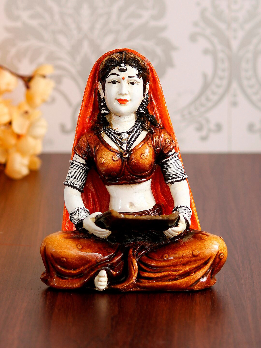 eCraftIndia Rajasthani Lady Cleaning Grains Red Polyresin Matte Home Office Hand-Crafted Small Showpiece - 7.1 Inches