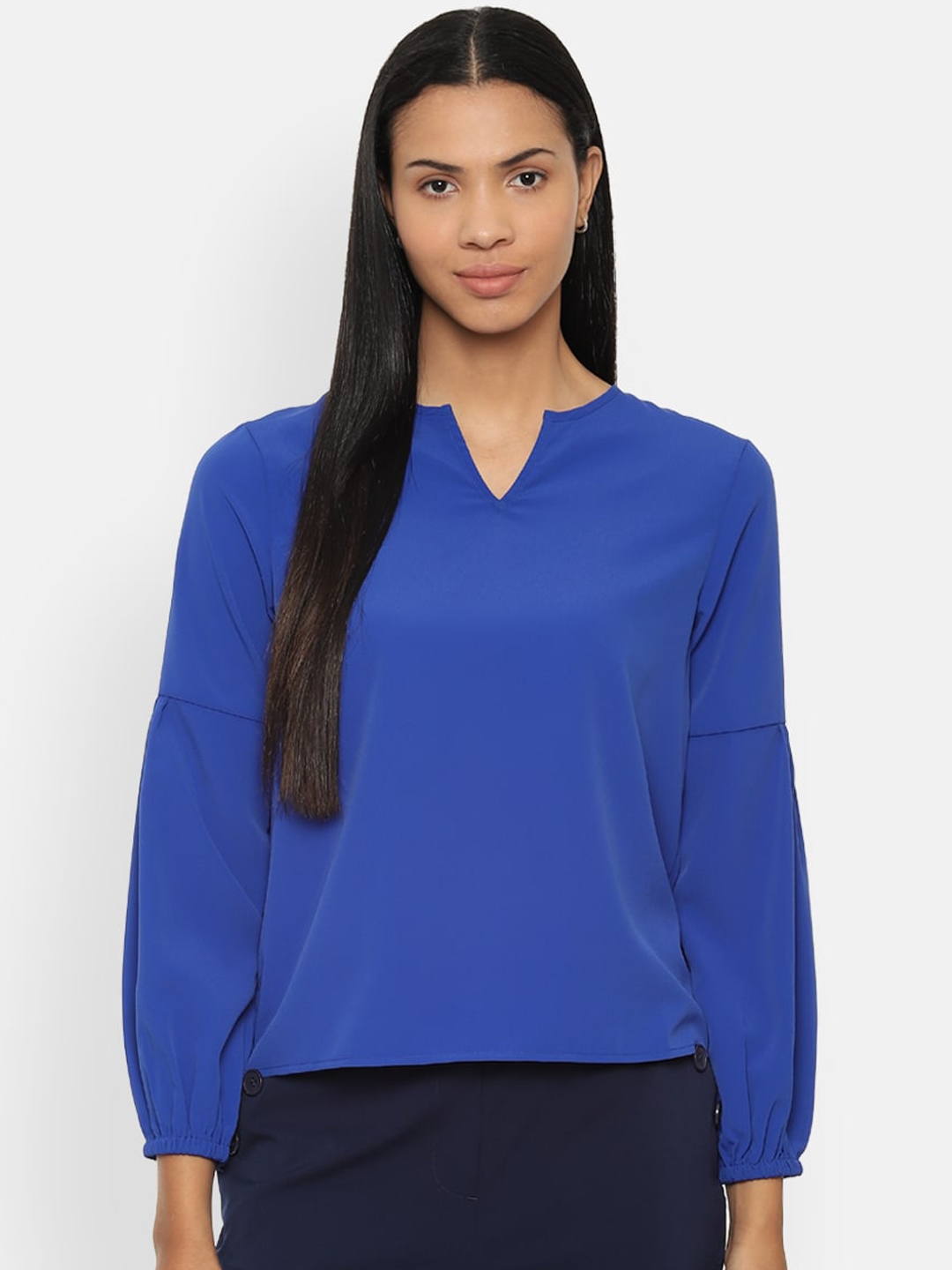 Van Heusen Woman Blue Solid Puff Sleeves Regular Top