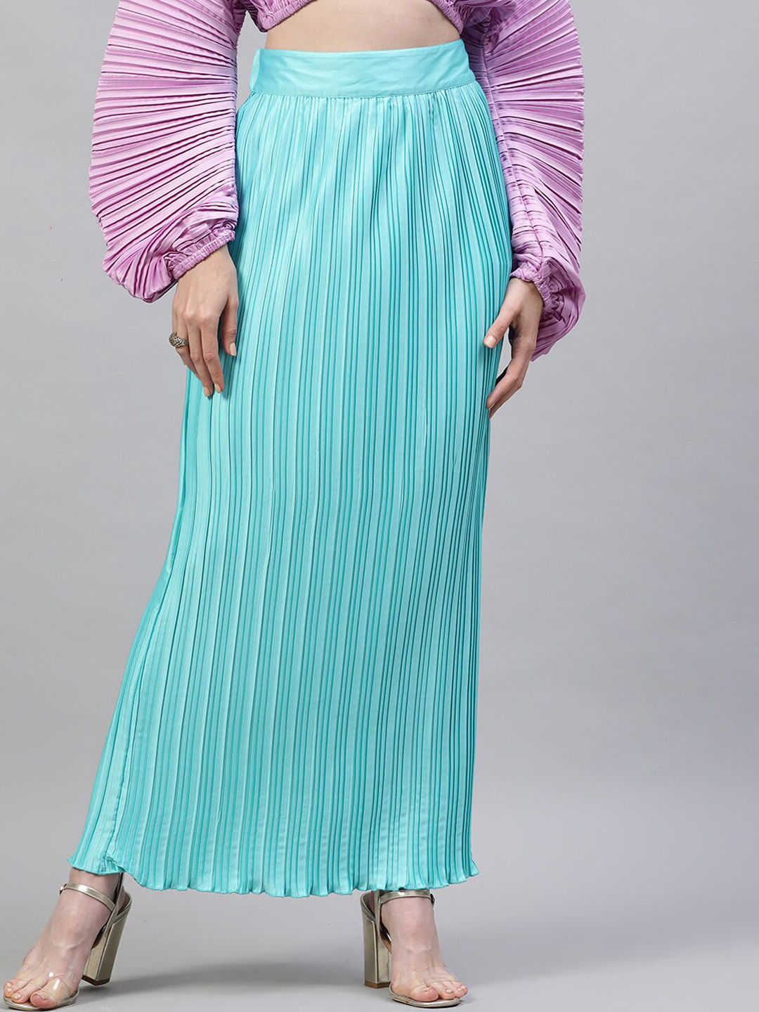 STREET 9 Women Turquoise Blue Solid Pleated Maxi Skirt