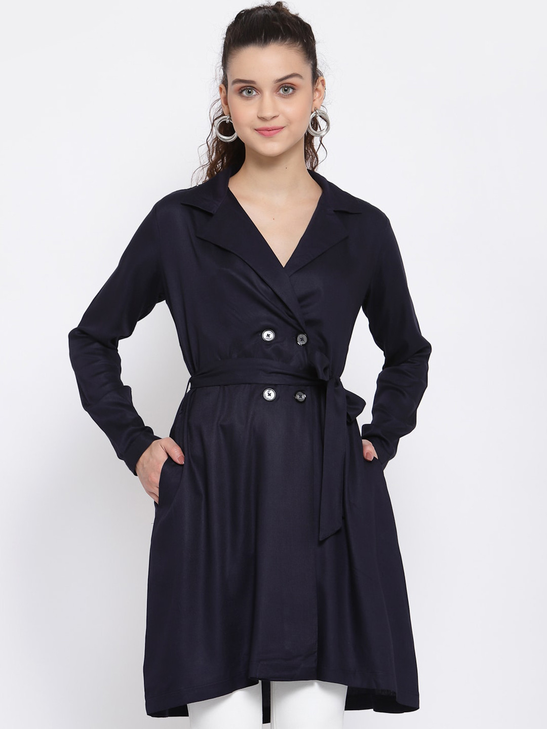 Style Quotient Women Navy Blue Solid Double-Breasted Knee-Length Trench Coat