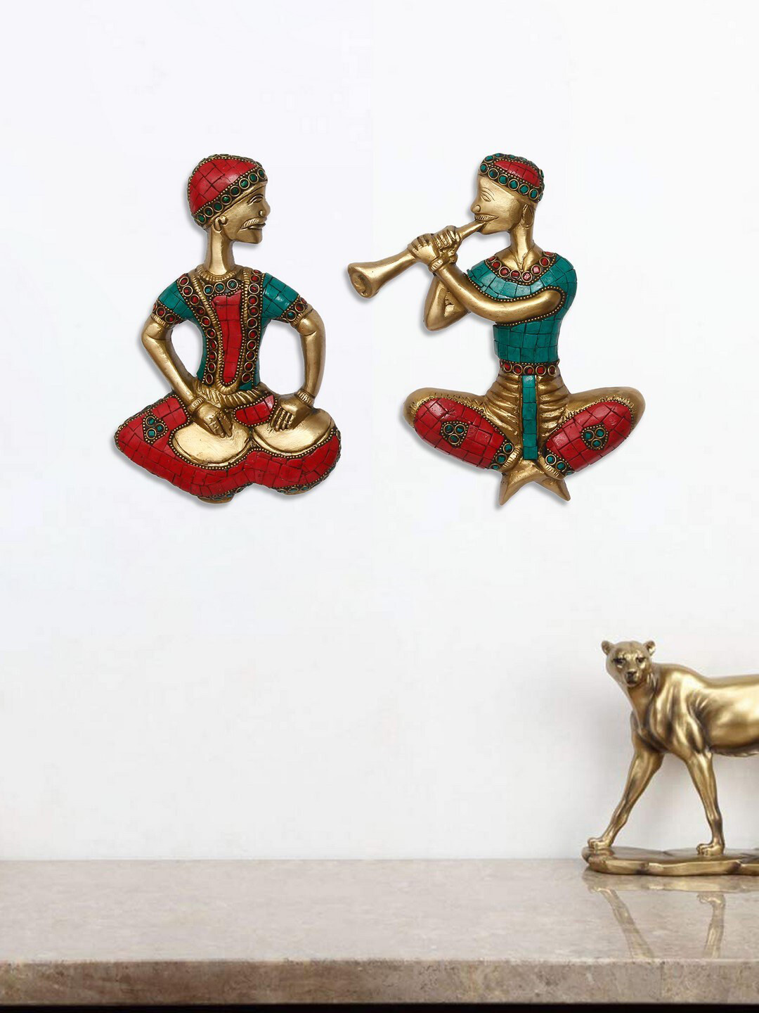 eCraftIndia Jugalbandi Musicians Brass Ethnic Motifs Matte Hall 2Pcs Wall Hangings-8.5In
