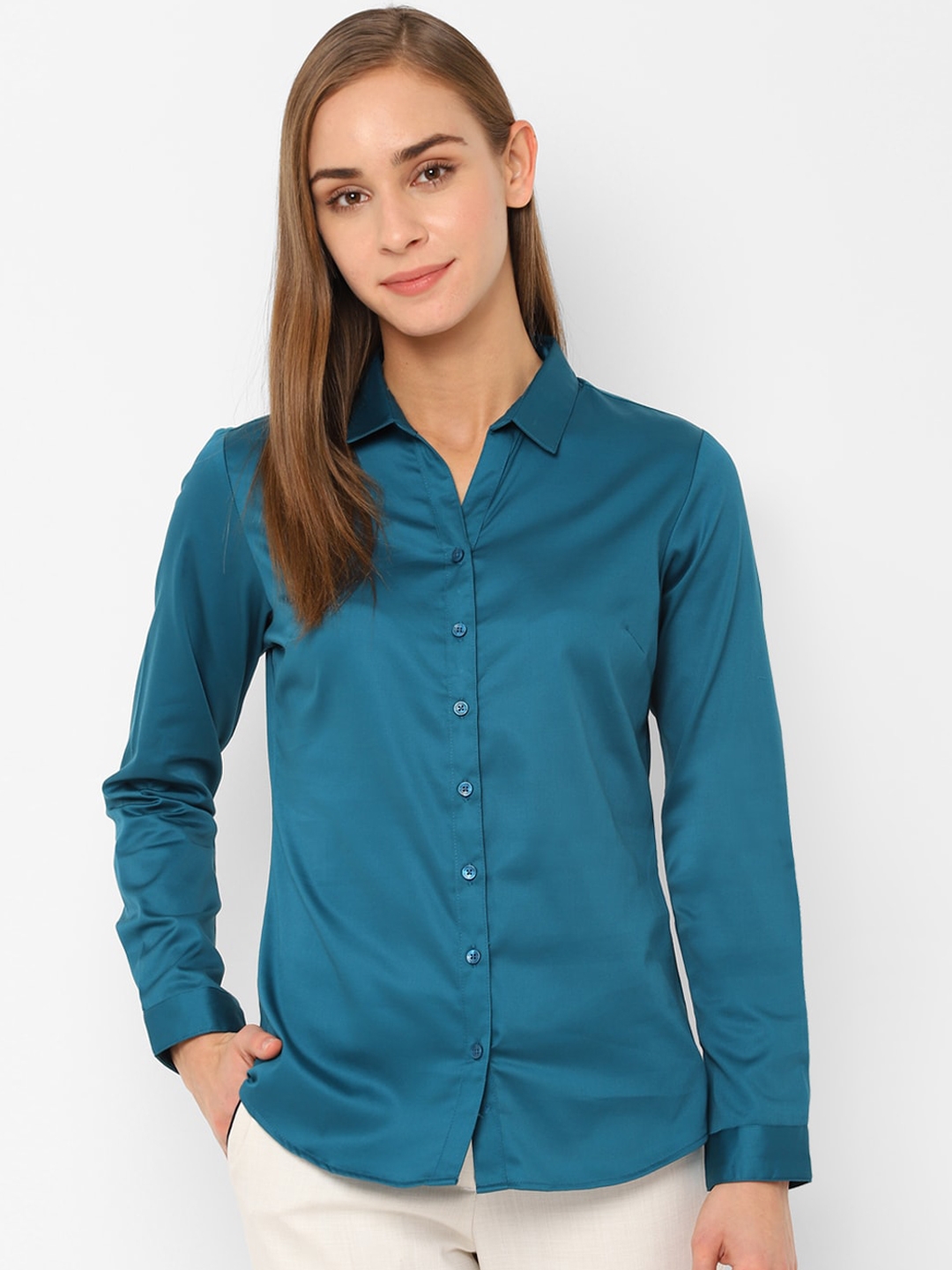 Allen Solly Woman Teal Blue Regular Fit Solid Formal Shirt