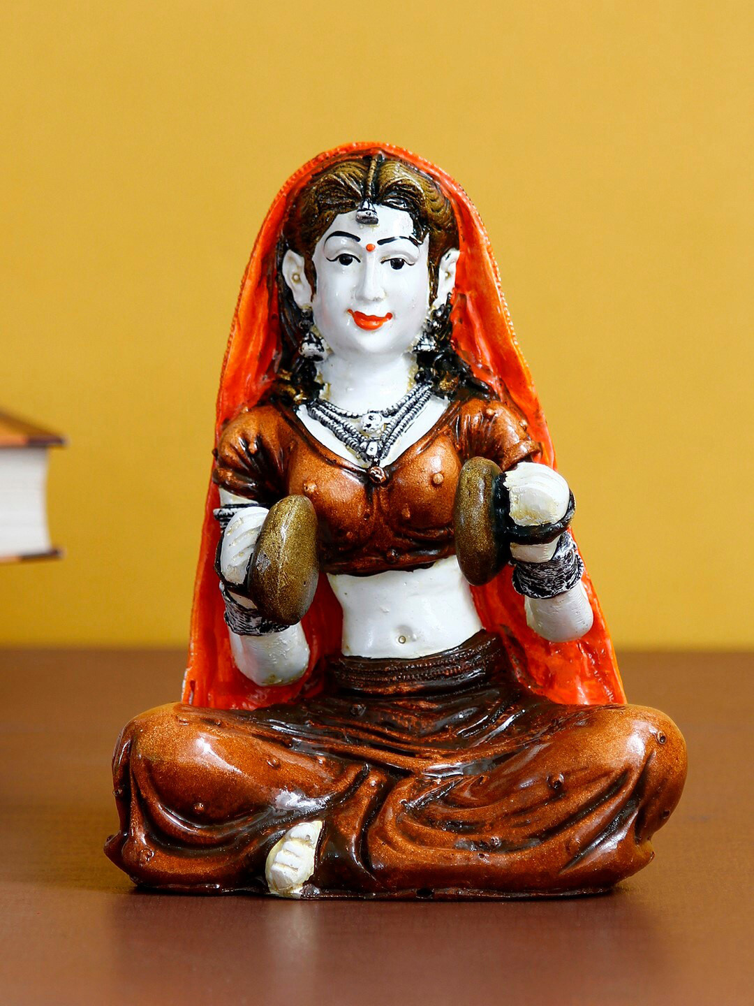 eCraftIndia Rajasthani Lady Playing Hand Cymbals Red Polyresin Matte Living Room Hand-Crafted Small Showpiece - 6.7 Inches