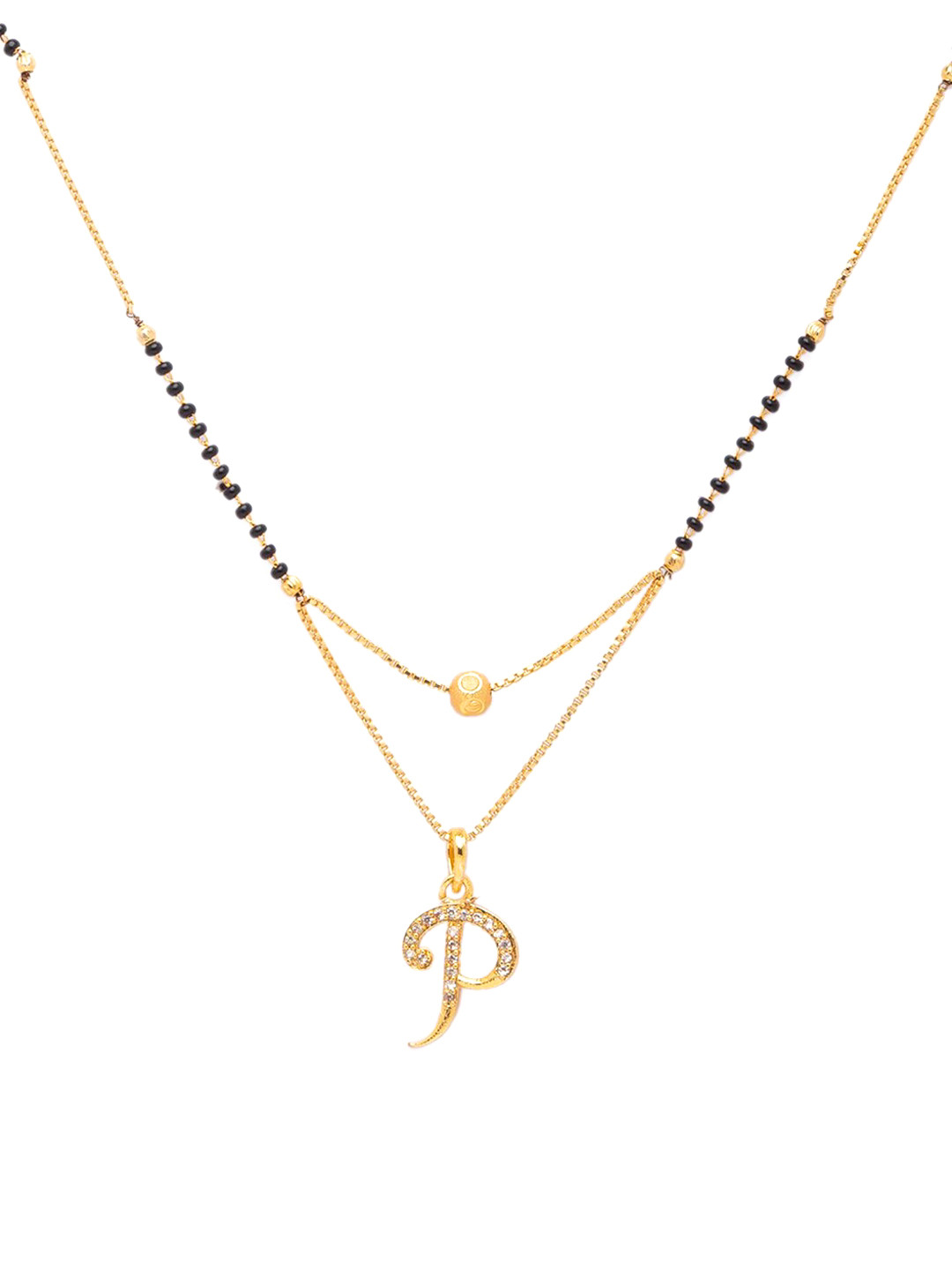 Digital Dress Room Black Gold-Plated Stone-Studded & Beaded Alphabet P Letter Mangalsutra