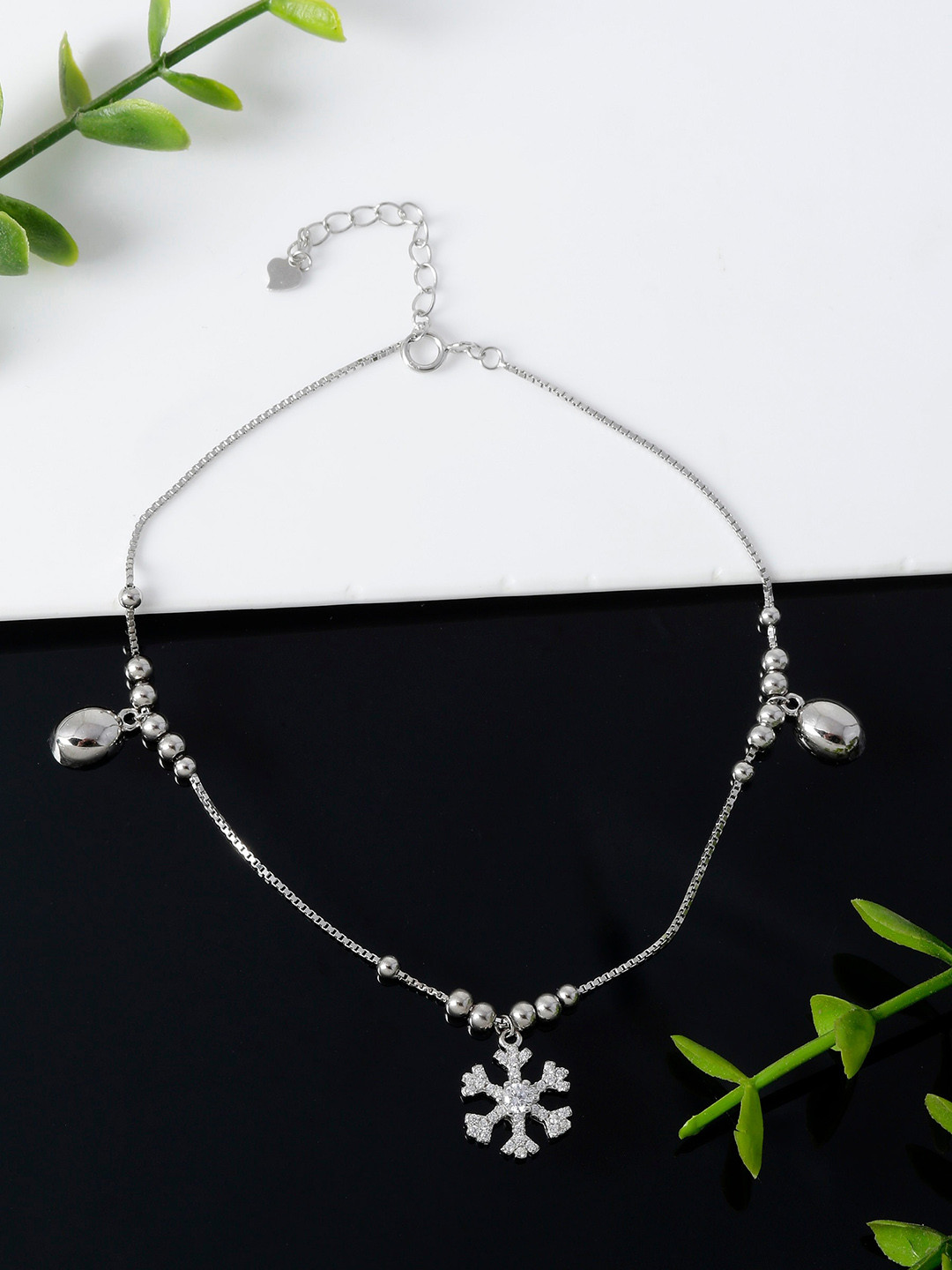 GIVA 925 Sterling Silver Rhodium-Plated CZ-Studded Snowflake Anklet