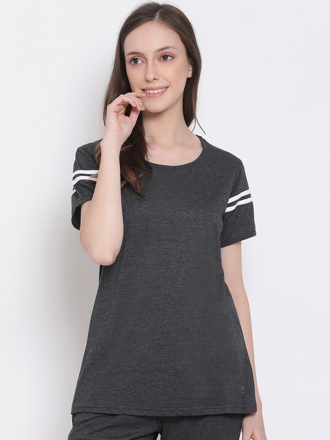 Kanvin Women Charcoal Grey Solid Pure Cotton Lounge T-Shirt
