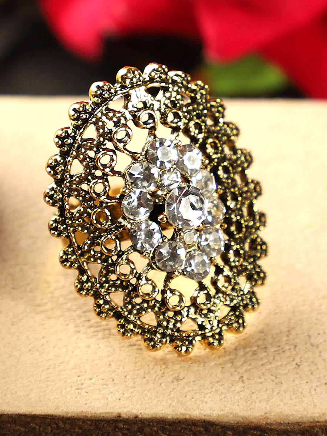 ANIKAS CREATION Gold-Plated Antique Stone Studded Handcrafted Adjustable Finger Ring