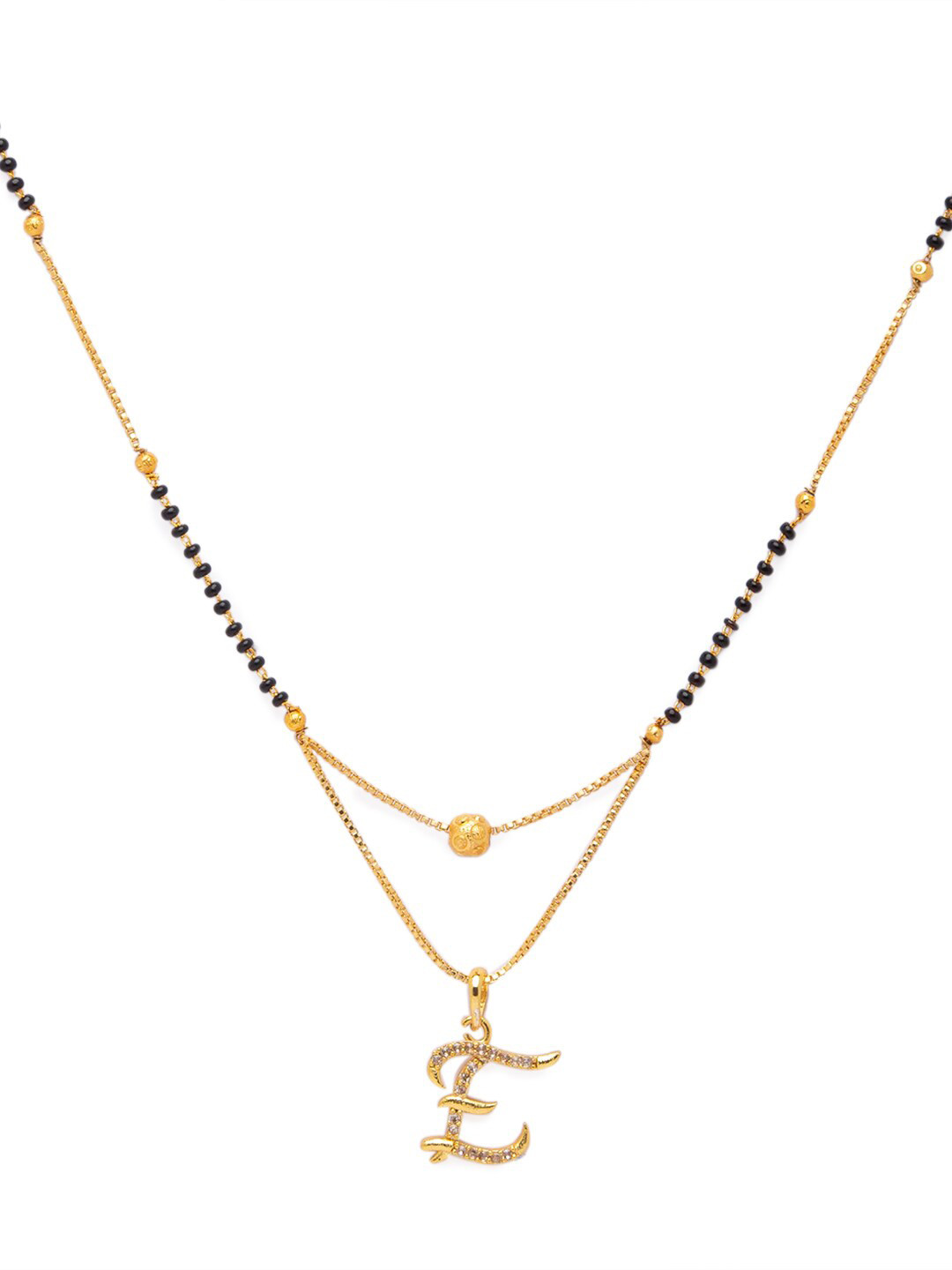 Digital Dress Room Black Gold-Plated Stone-Studded & Beaded Alphabet F Letter Mangalsutra