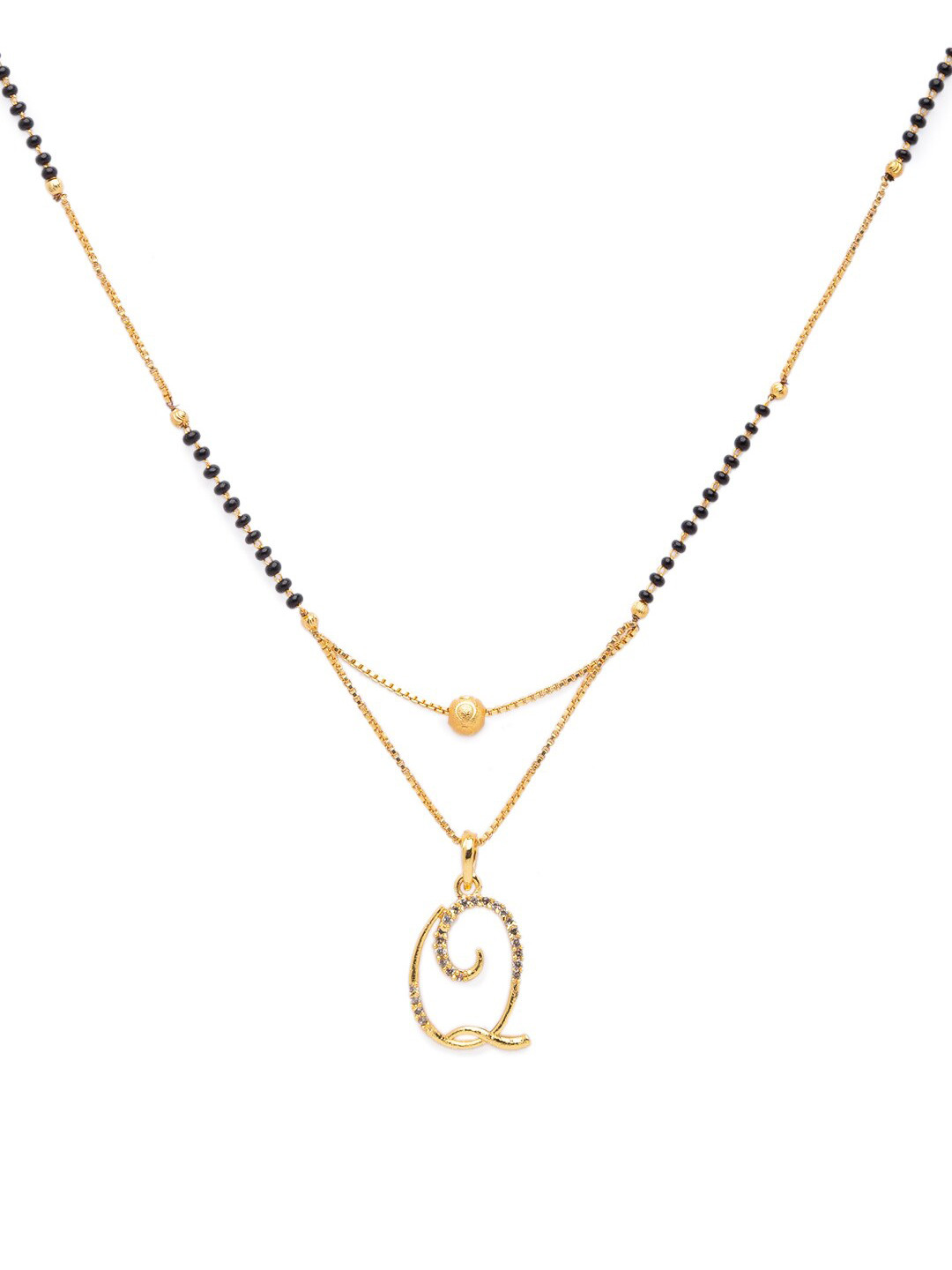Digital Dress Room Black Gold-Plated Stone-Studded & Beaded Alphabet Q Letter Mangalsutra