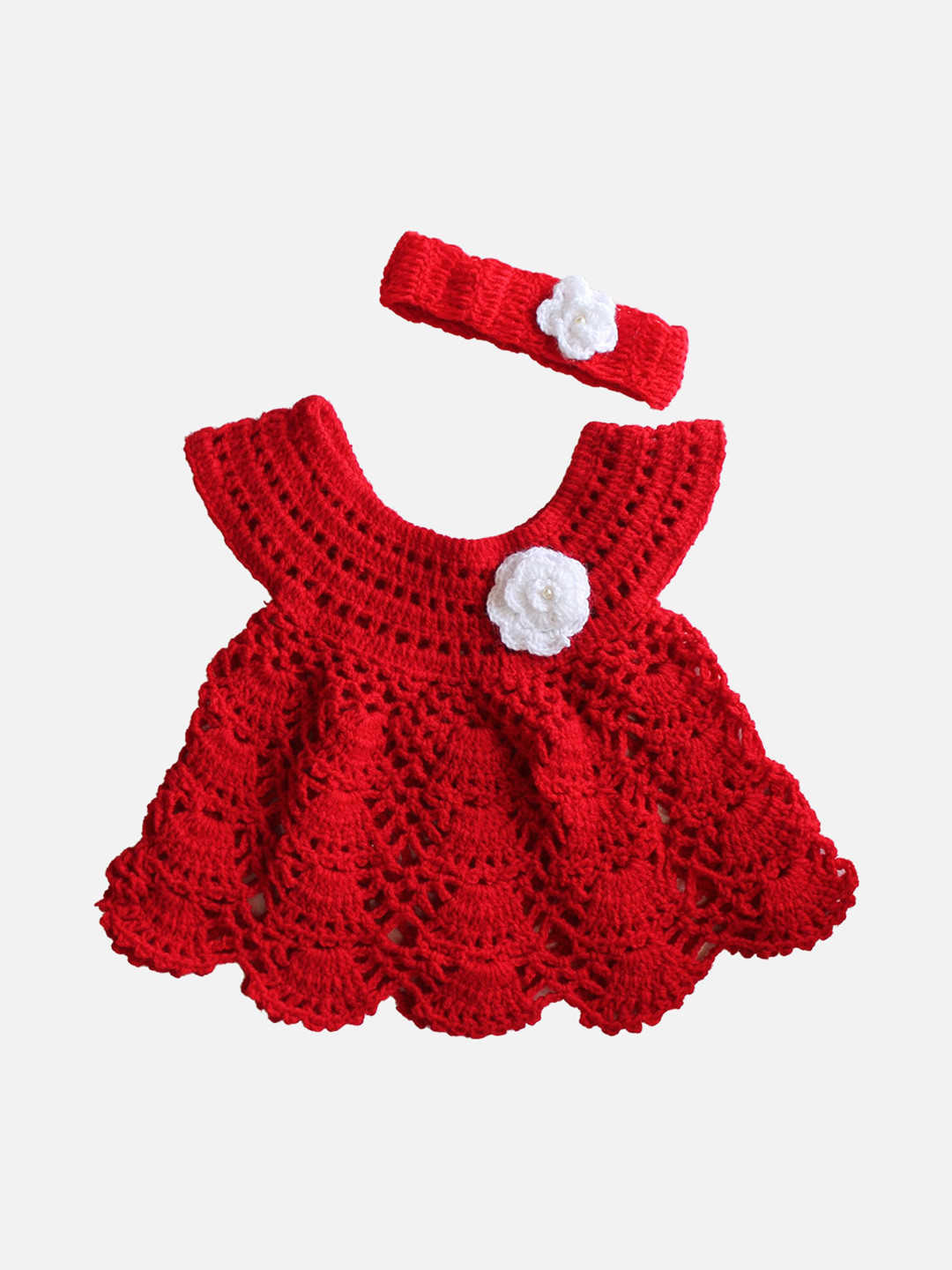Woonie Girls Red Self Design Handmade Fit and Flare Dress with Headband