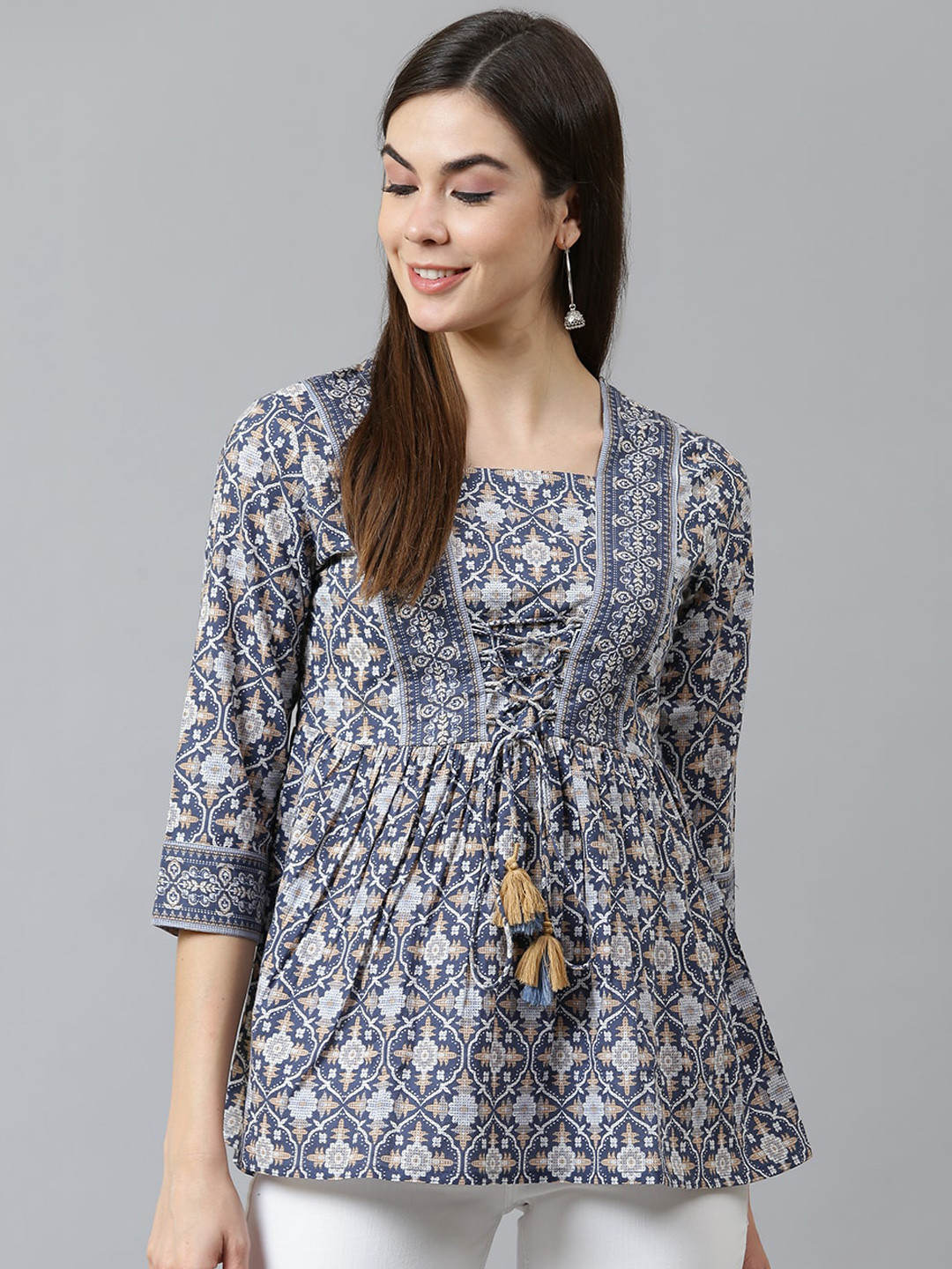 QOMN Navy Blue Geometric Printed Pure Cotton Regular Top