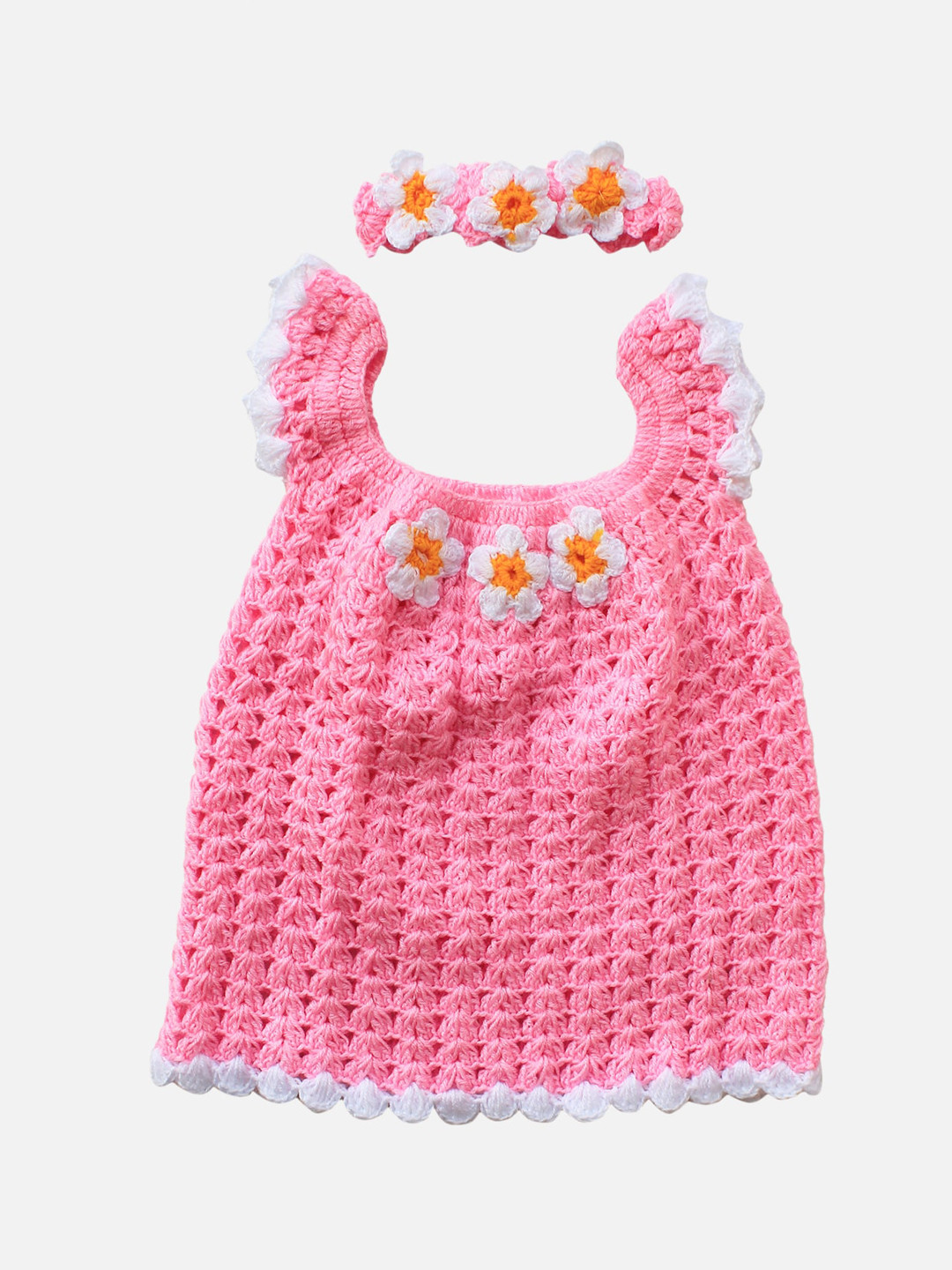 Woonie Girls Pink Self Design Handmade Fit and Flare Dress With Headband