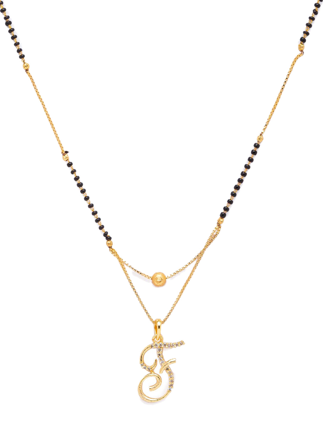 Digital Dress Room Black Gold-Plated Stone-Studded & Beaded Alphabet F Letter Mangalsutra