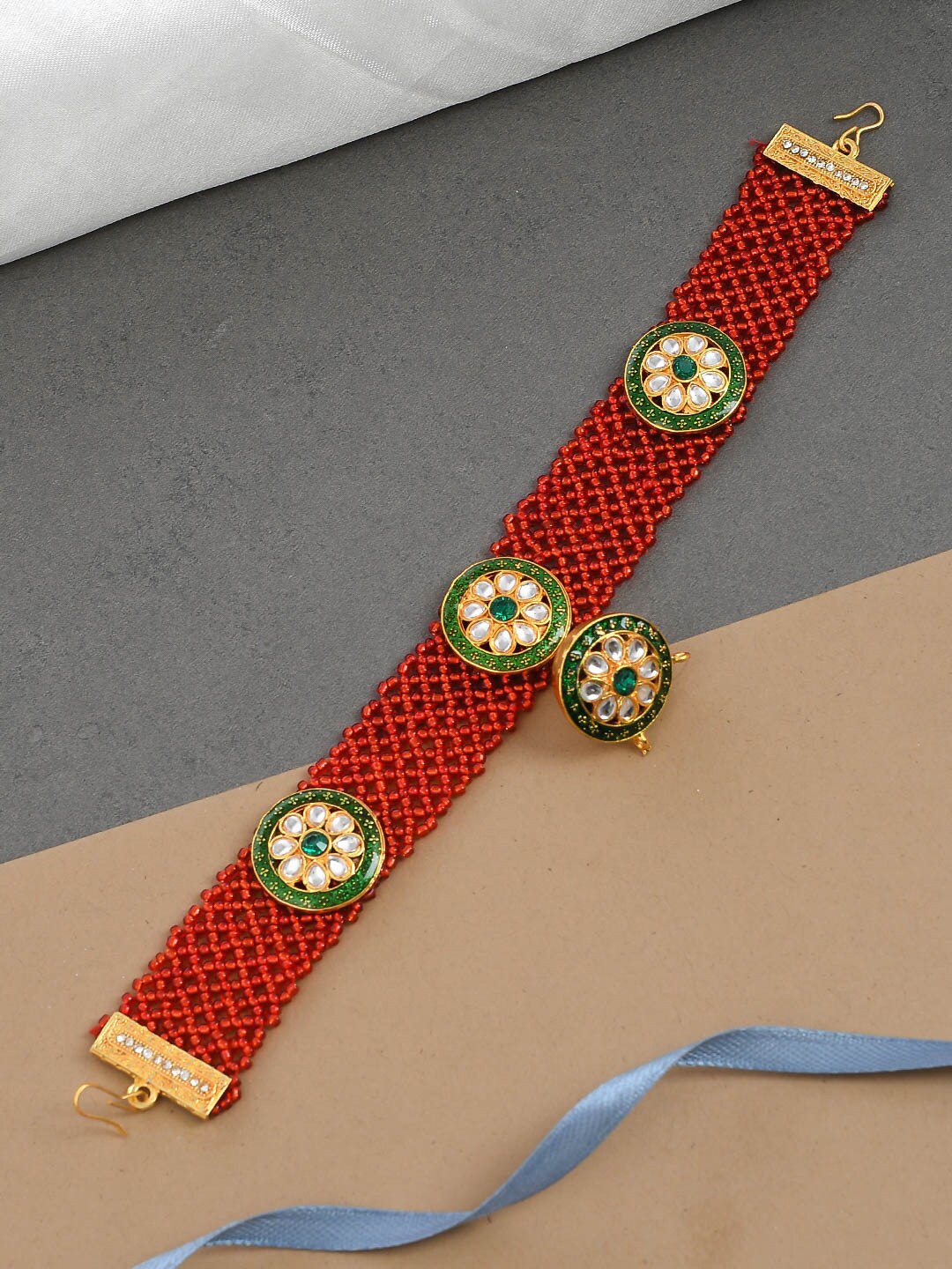 Silvermerc Designs Red & Green Gold-Plated Kundan-Studded Enamelled Mathapatti With Borla