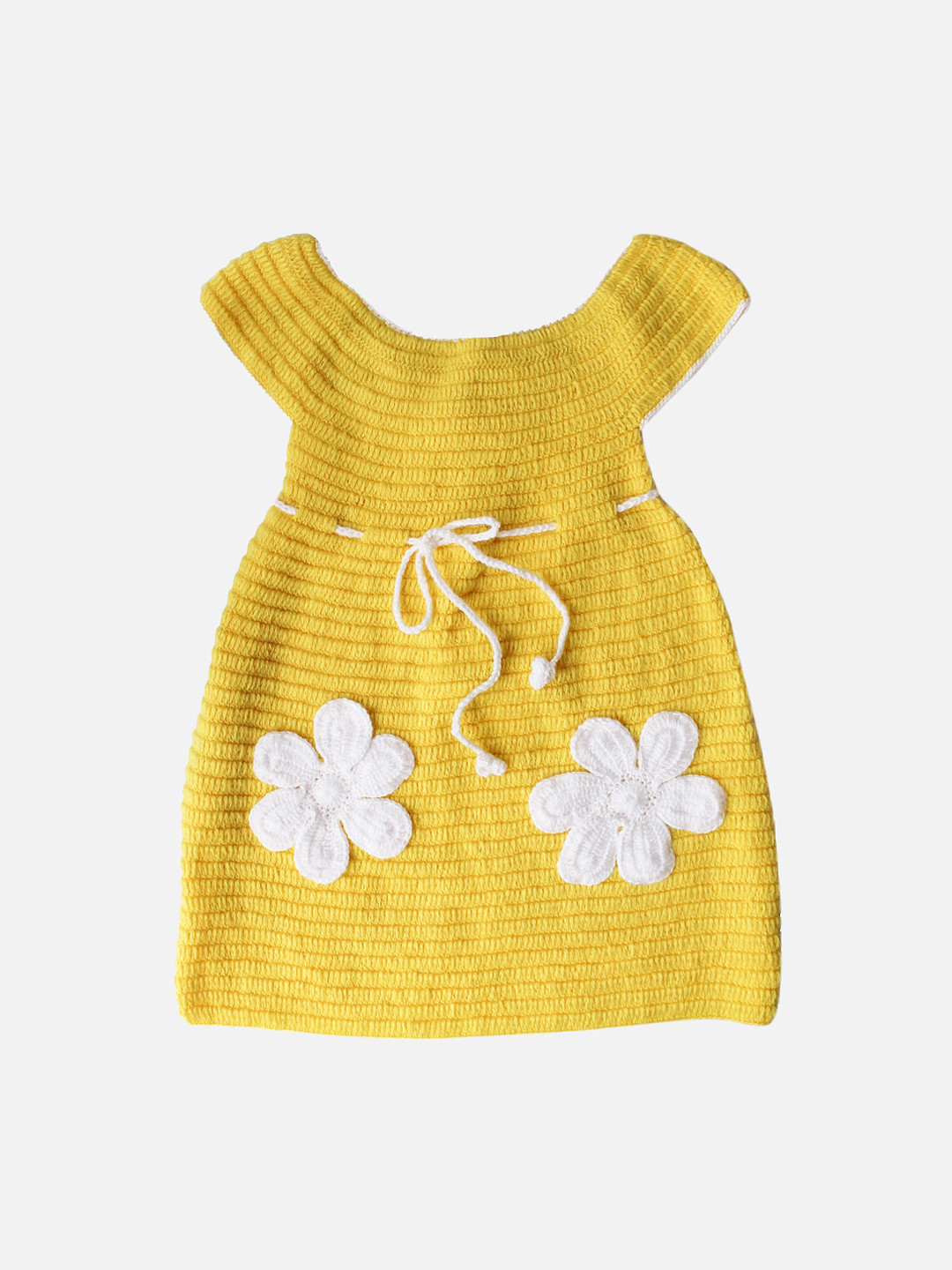 Woonie Girls Yellow Self Design Handmade Sweater Dress