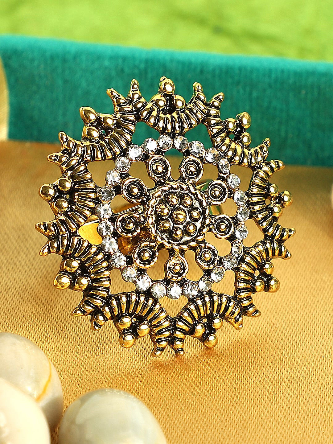 ANIKAS CREATION Gold-Plated Antique Stone Studded Handcrafted Adjustable Finger Ring